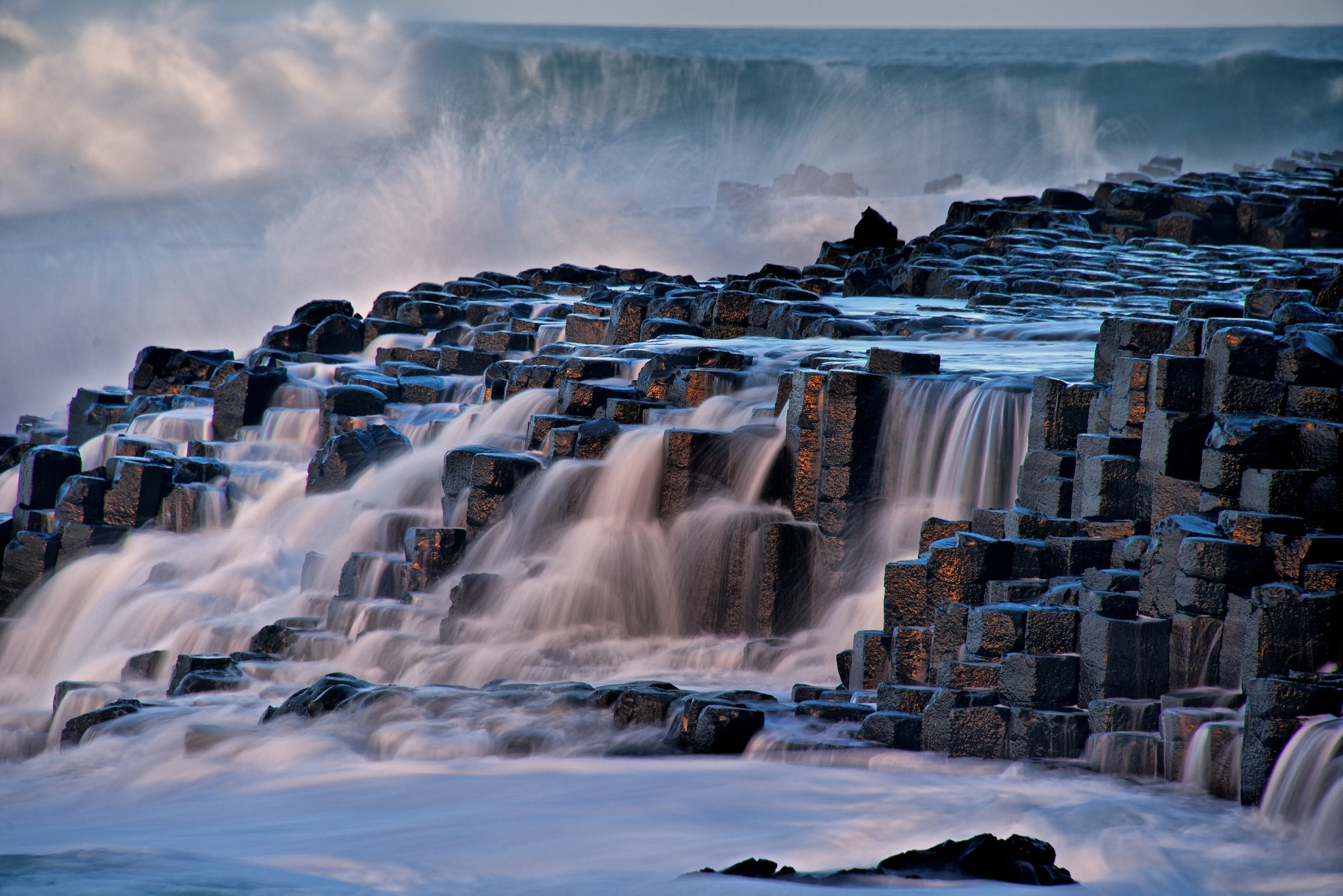 black and white multi step waterfalls nature landscape Giant s Causeway 2k