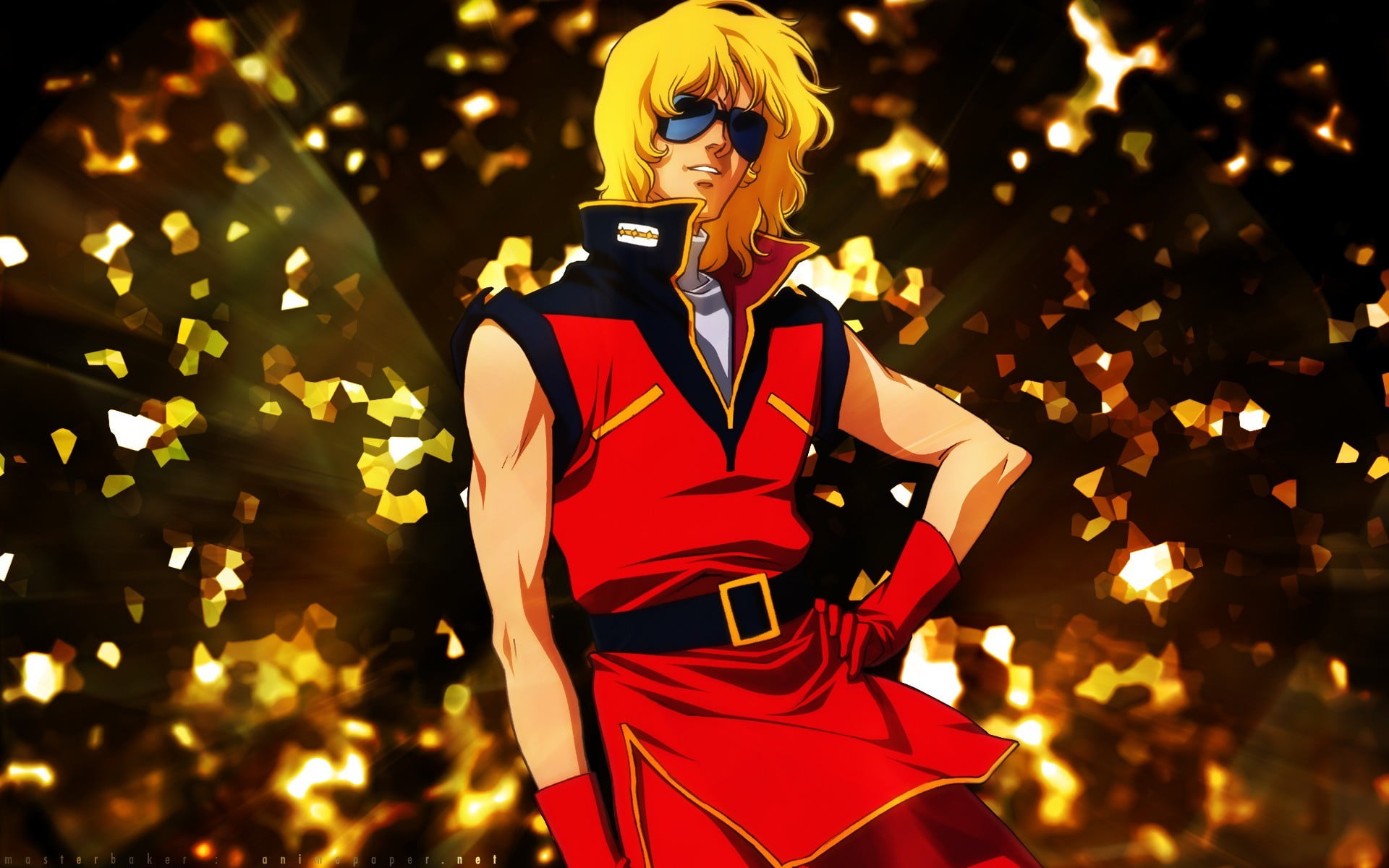 blonde haired man in red sleeveless top illustration Gundam 2k