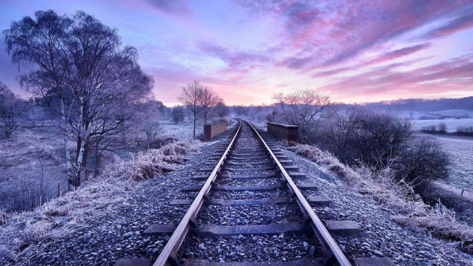 rail landscape clouds tree nature track tracks railway 2k