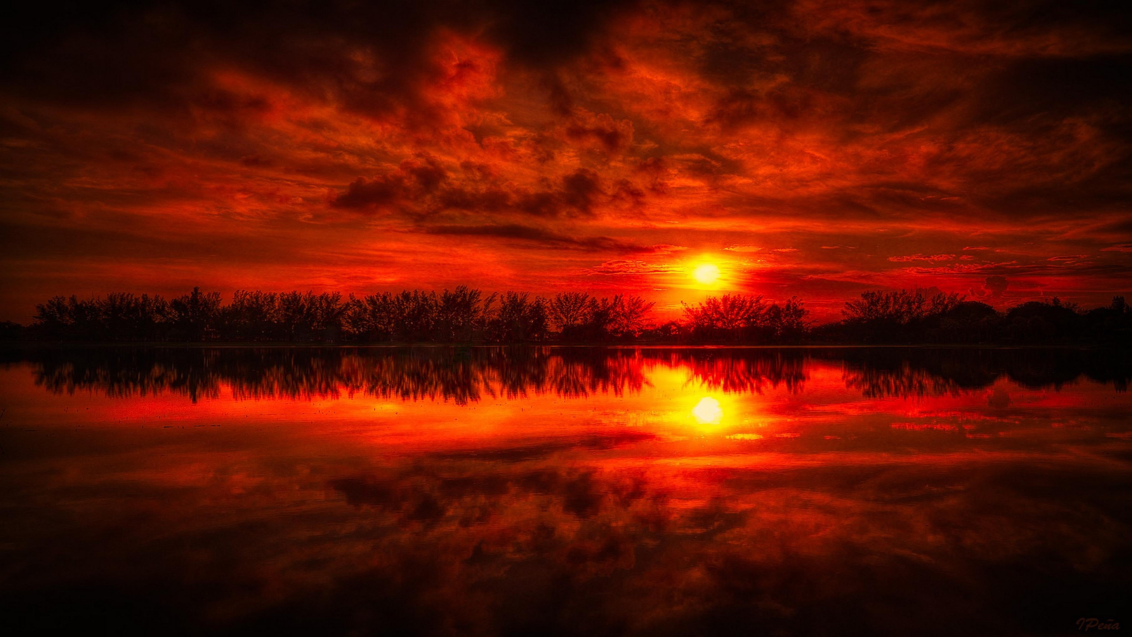 Red Sunset Peaceful Lake Reflections Nature Landscapes Wallpaper Hd 2k 4k