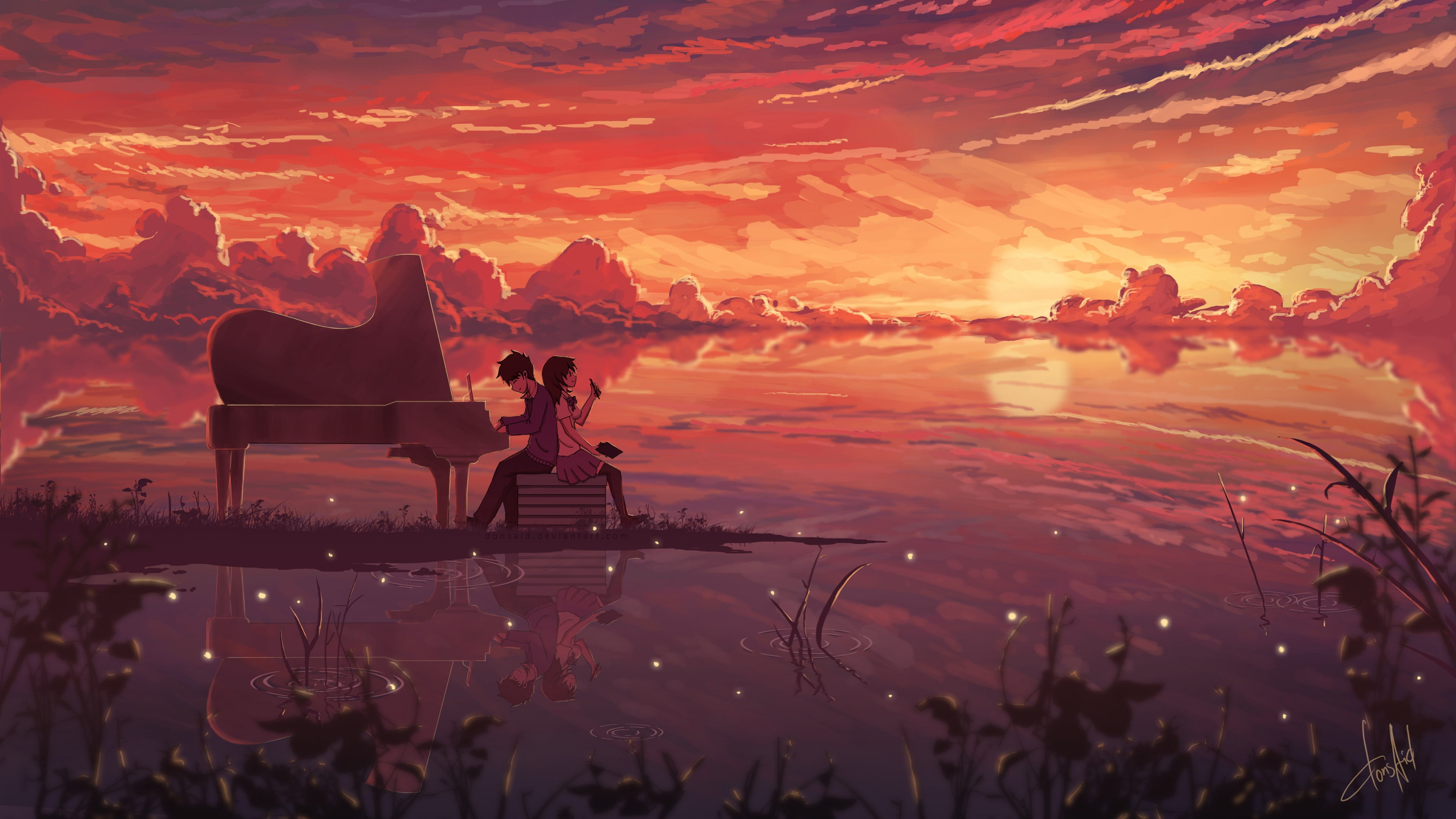 Your Lie in April wallpaper anime sunset piano clouds boys 2k 4k