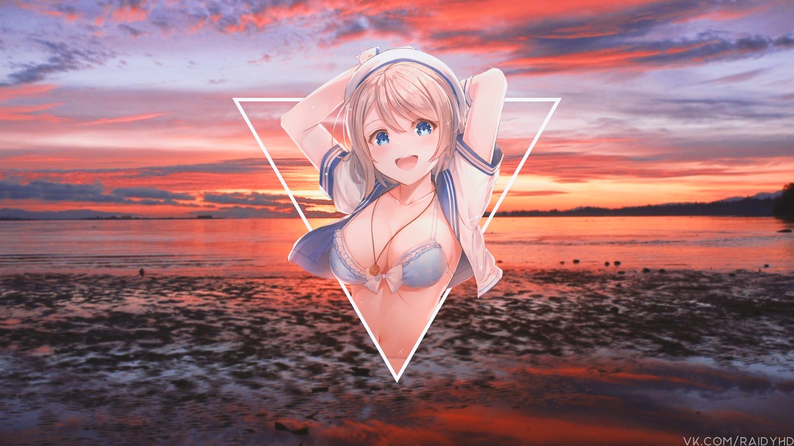 anime girls picture in beach sky sunset 2k 4k