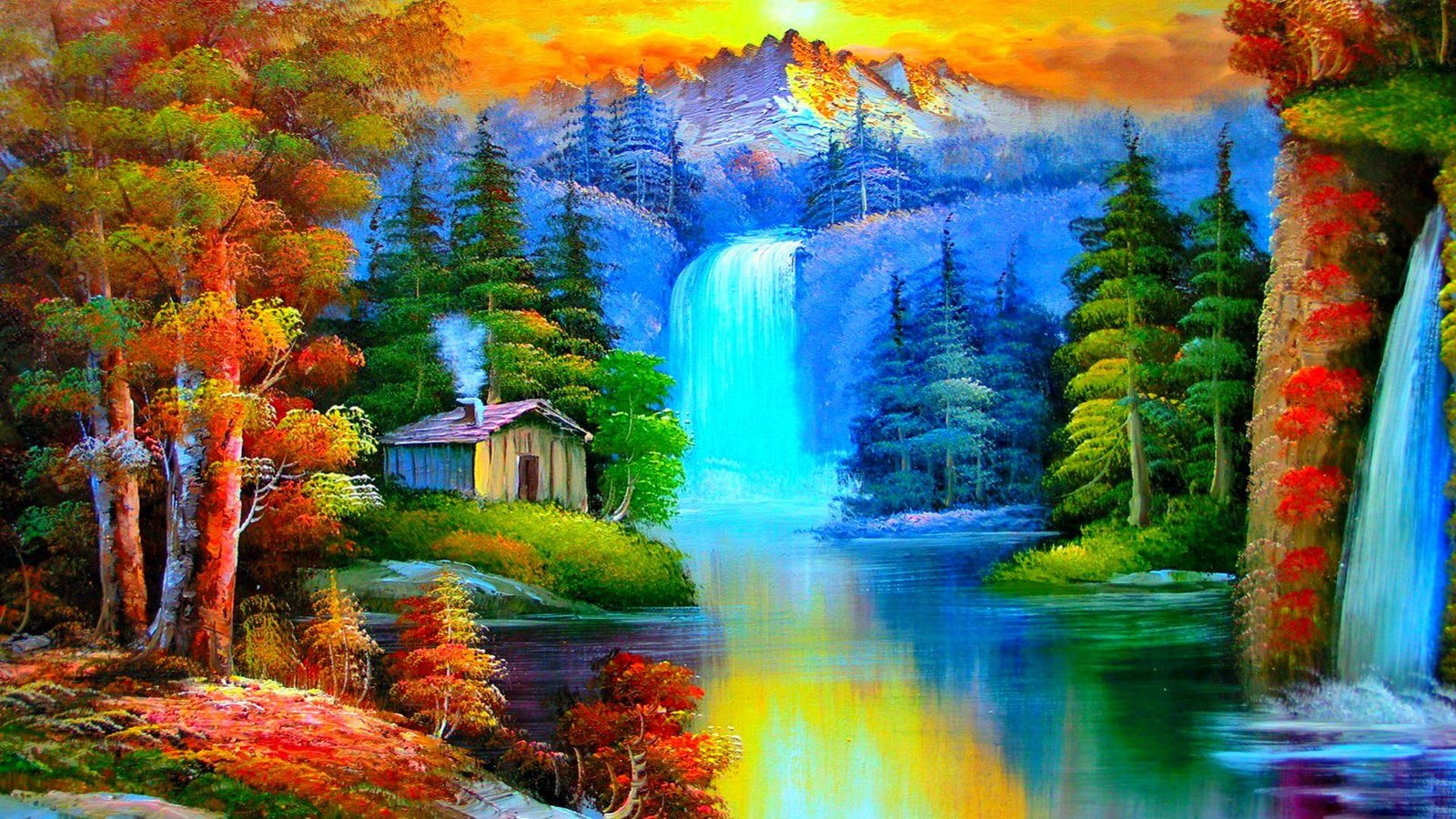 Cabin By The River waterfalls near between trees and house painting 2k