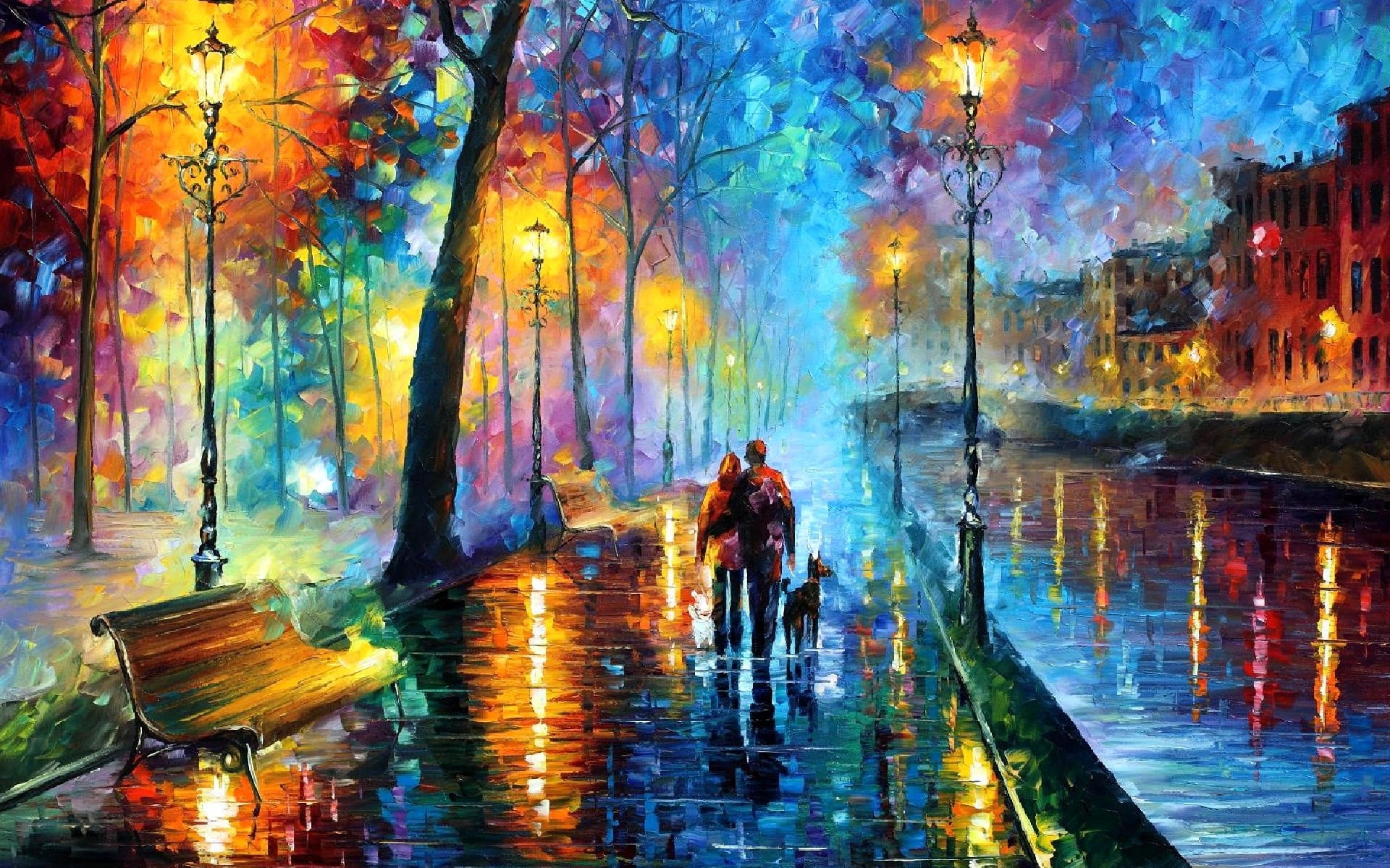 couple with dog on park painting Leonid Afremov bench water 2k