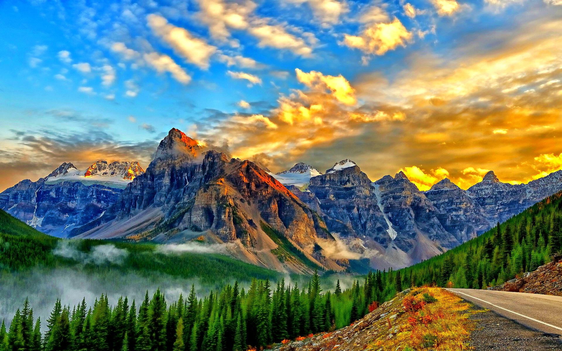 Golden Sky Landscape Wallpapers Path Rocky Mountains Forest Banff National Park Alberta Canadian 2k