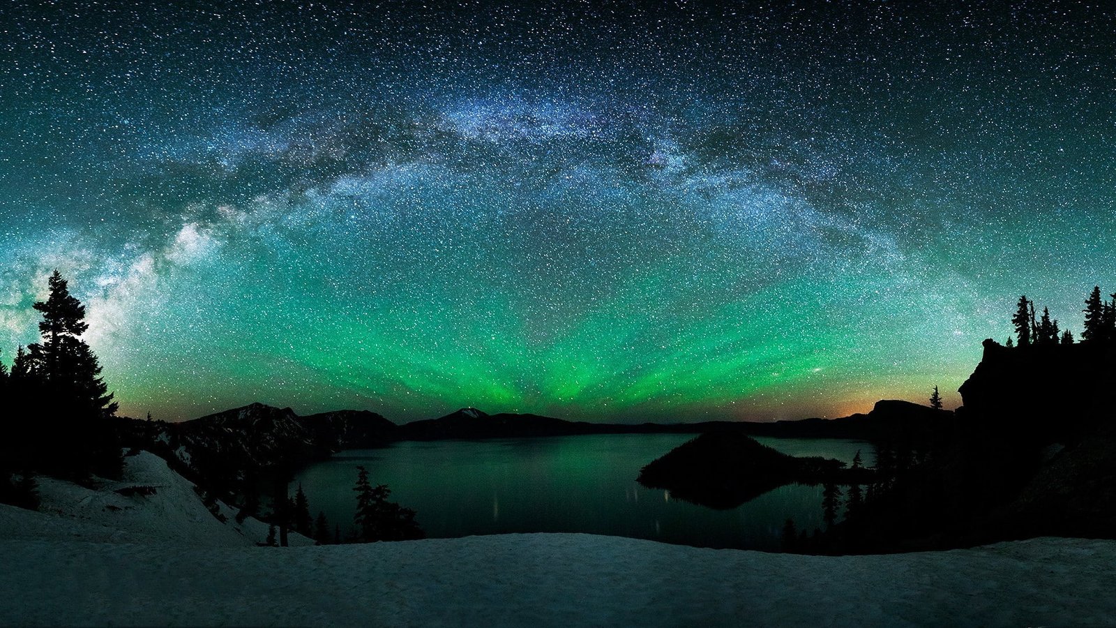 nature Mountain Lake night sky milky way Aurora Borealis 2k