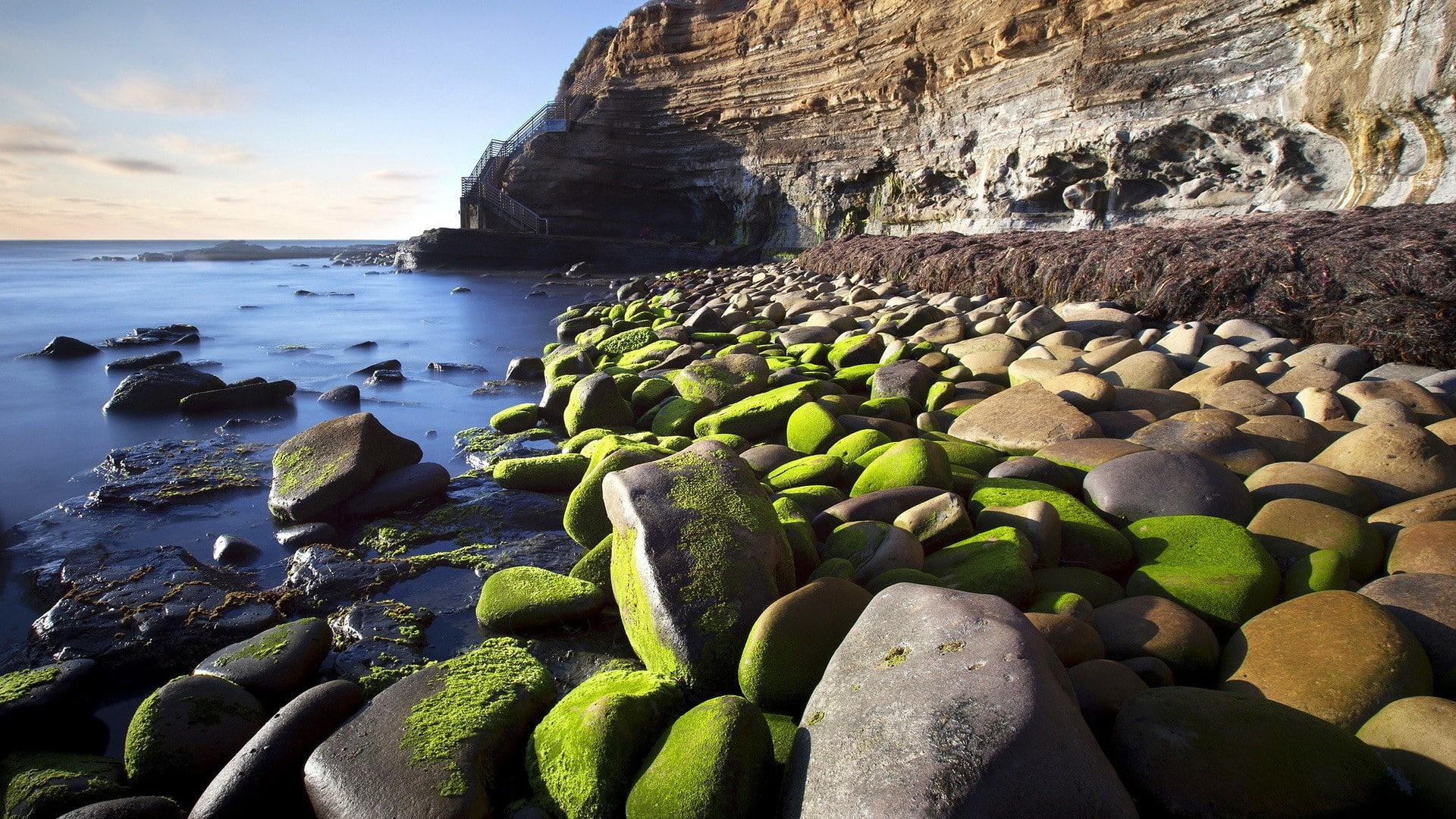 nature beach stone sea rocks cliff moss 2k
