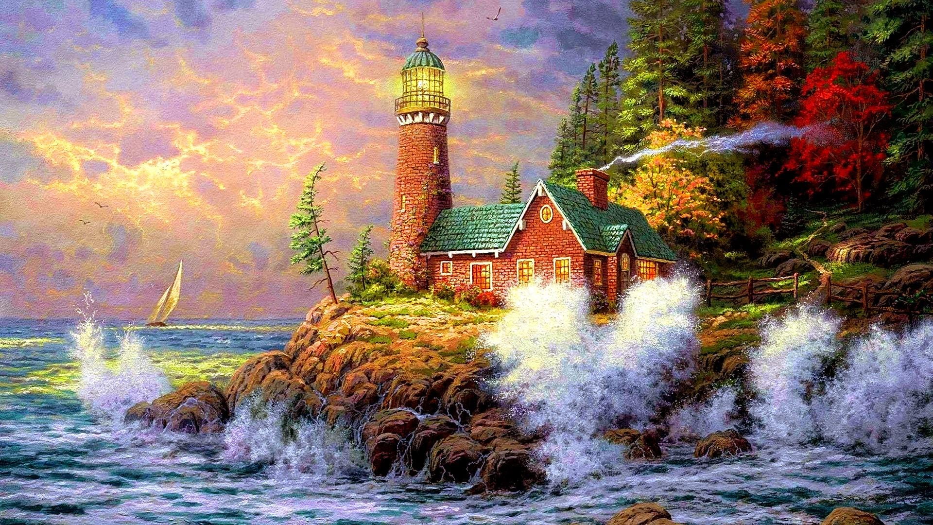 nature landmark tower sea lighthouse painting sky tree 2k