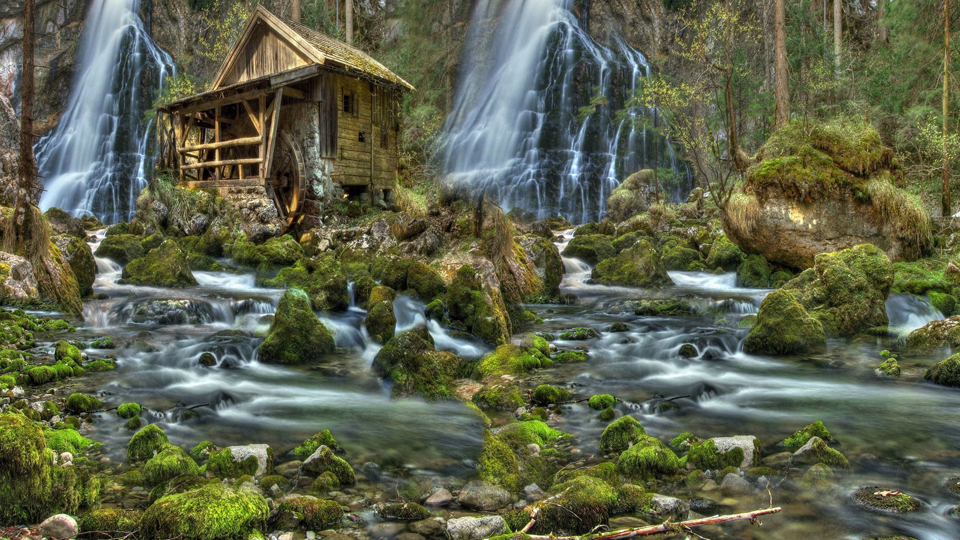 waterfall nature river rock stream stone forest landscape 2k