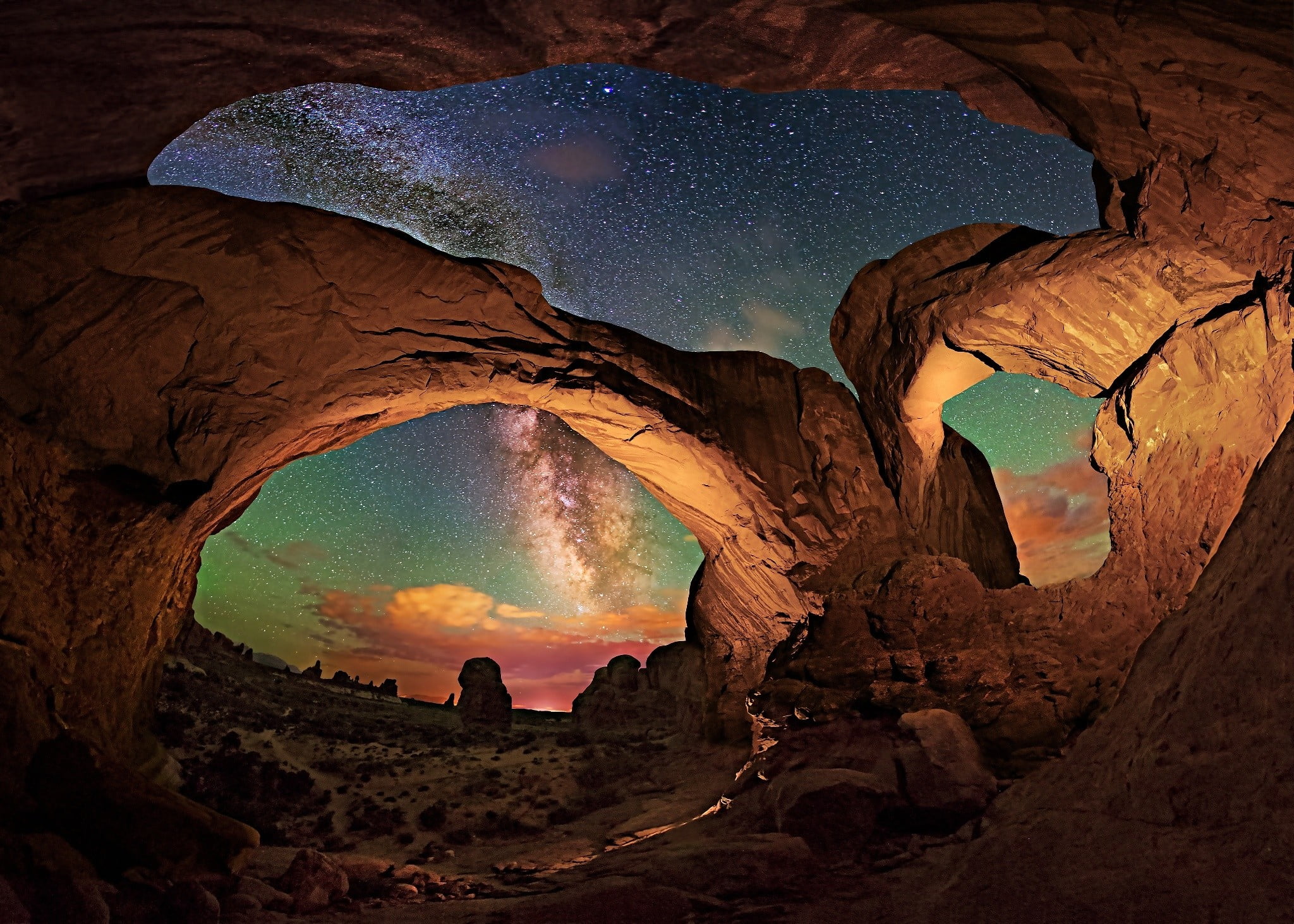 Arches National Park nature landscape Milky Way starry night 2k