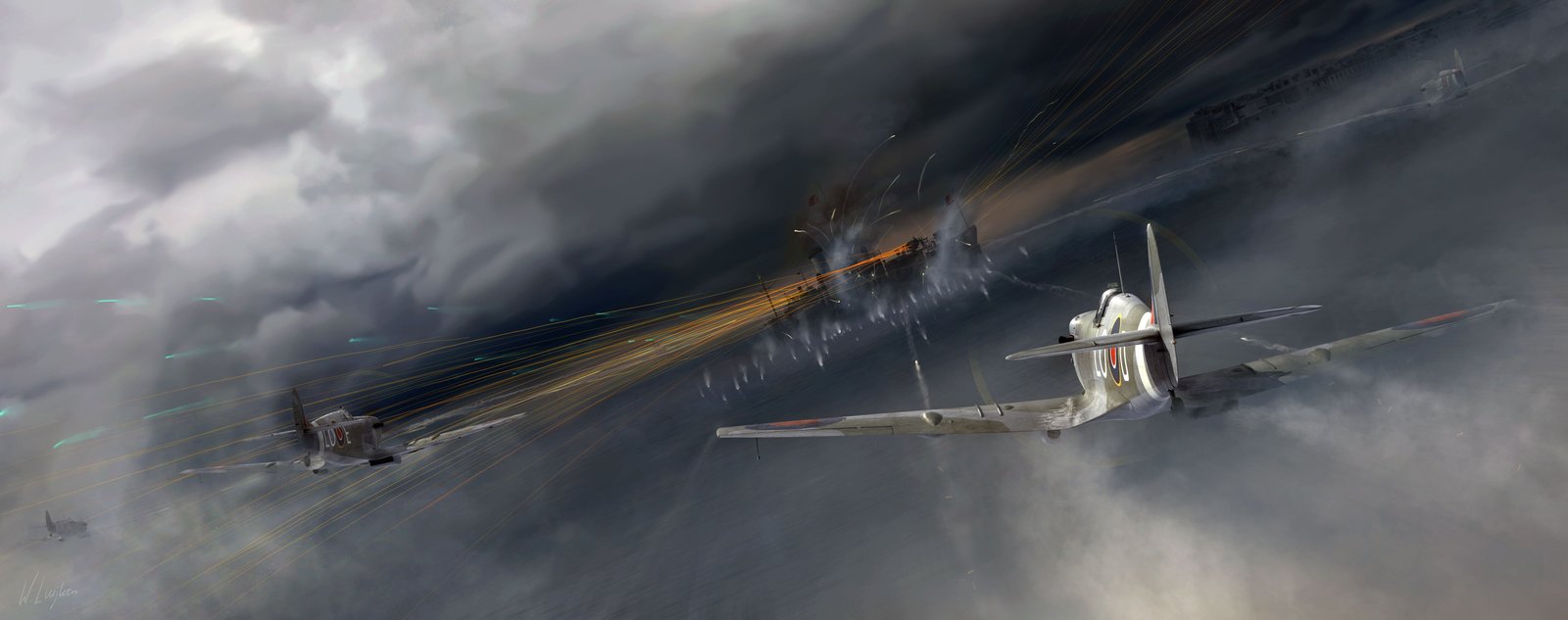 fighter plane and cloudy sky wallpaper World War II military 2k 4k 5k