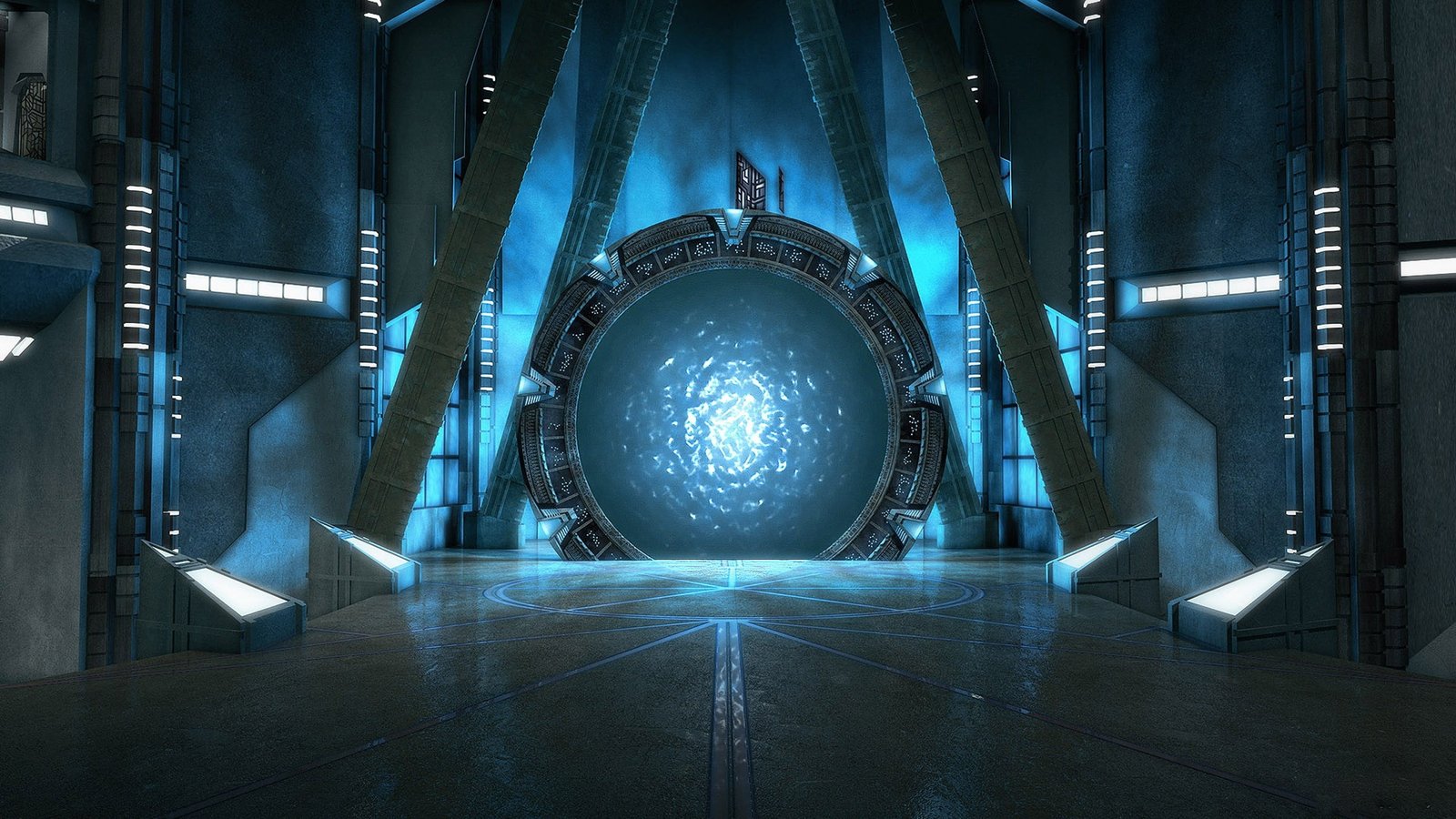 gray and blue portal wallpaper Atlantis Stargate indoors illuminated 2k