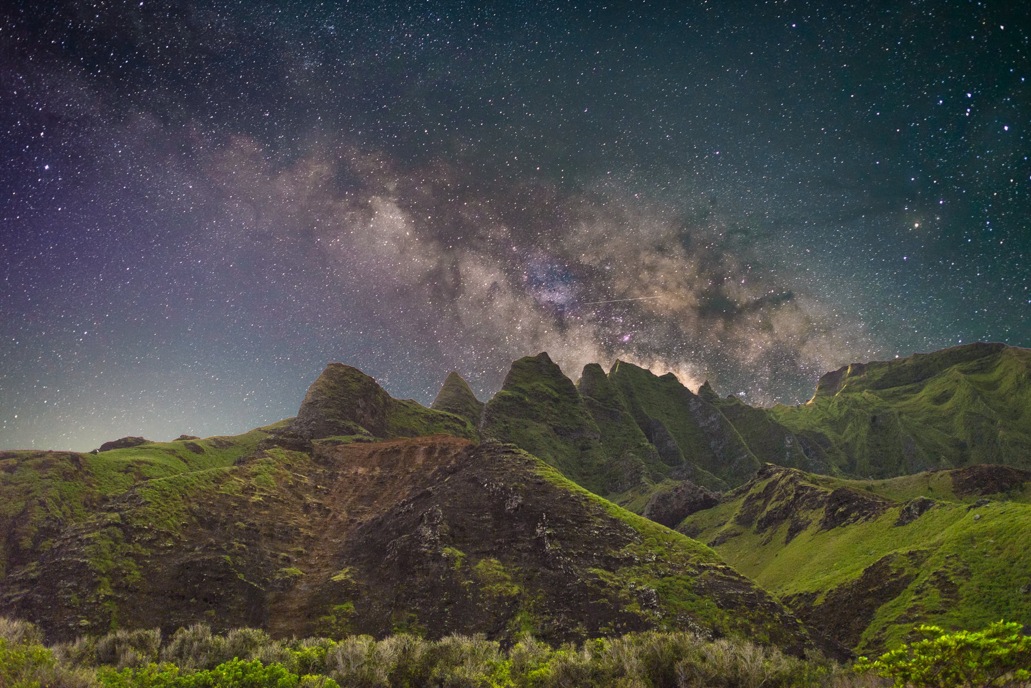 green mountains under sky full of stars D Long Exposure 2k