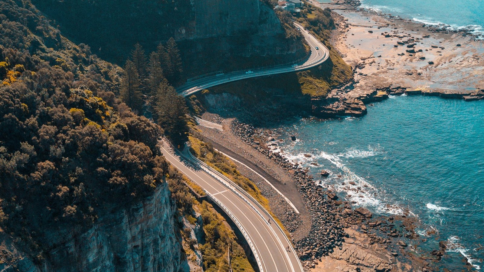 seaside highway road photography coast cliff rocks water 2k