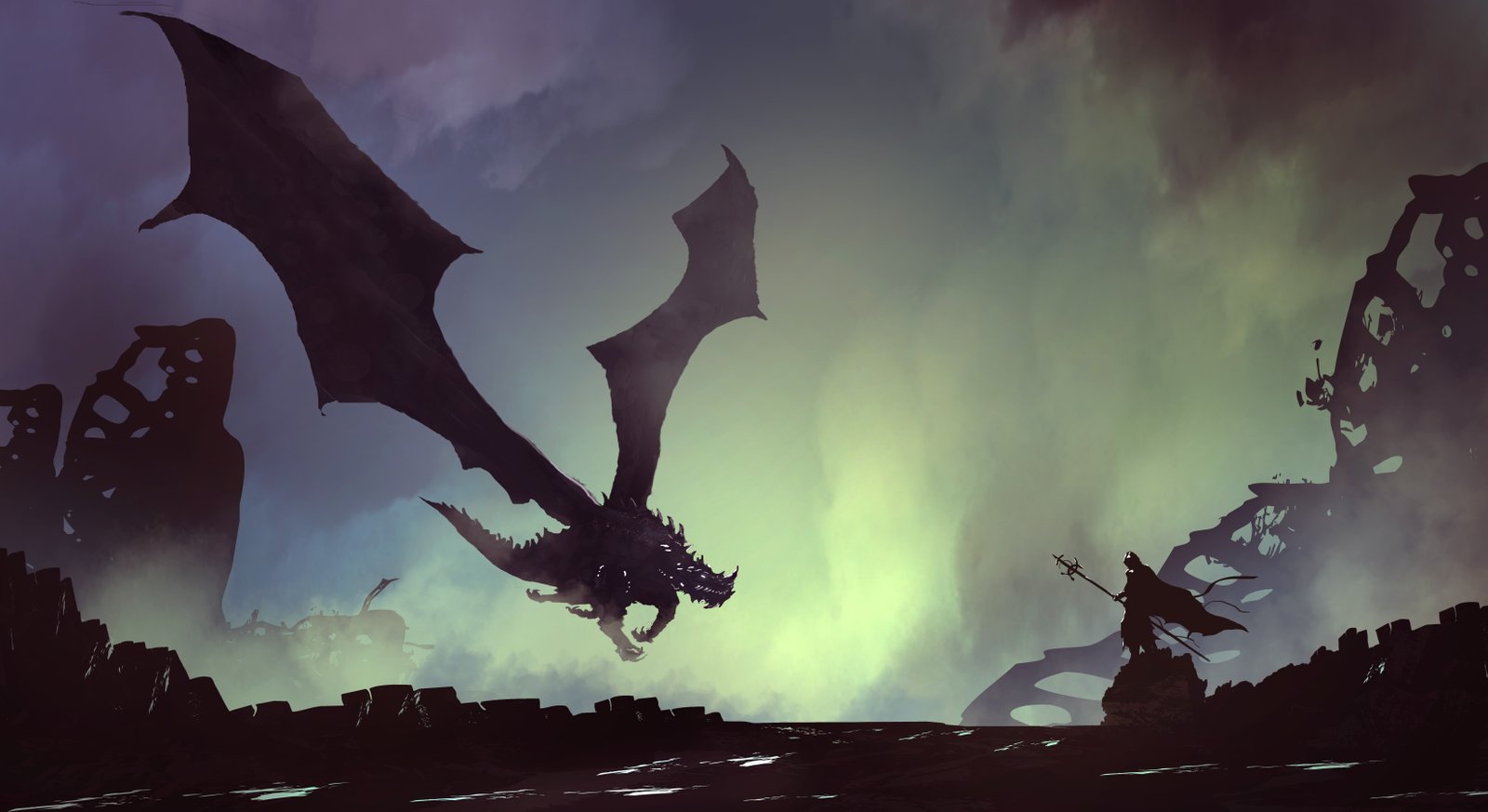 silhouette of person holding staff in front dragon digital wallpaper 2k 4k 5k