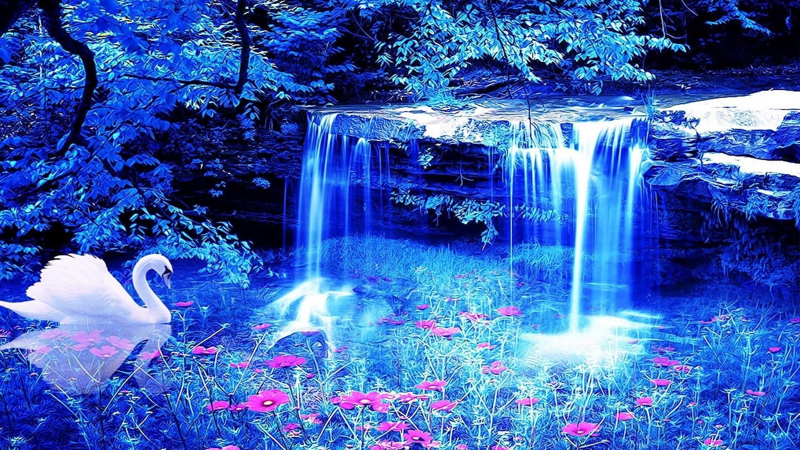 swan waterfall fantasy art dream nature 2k