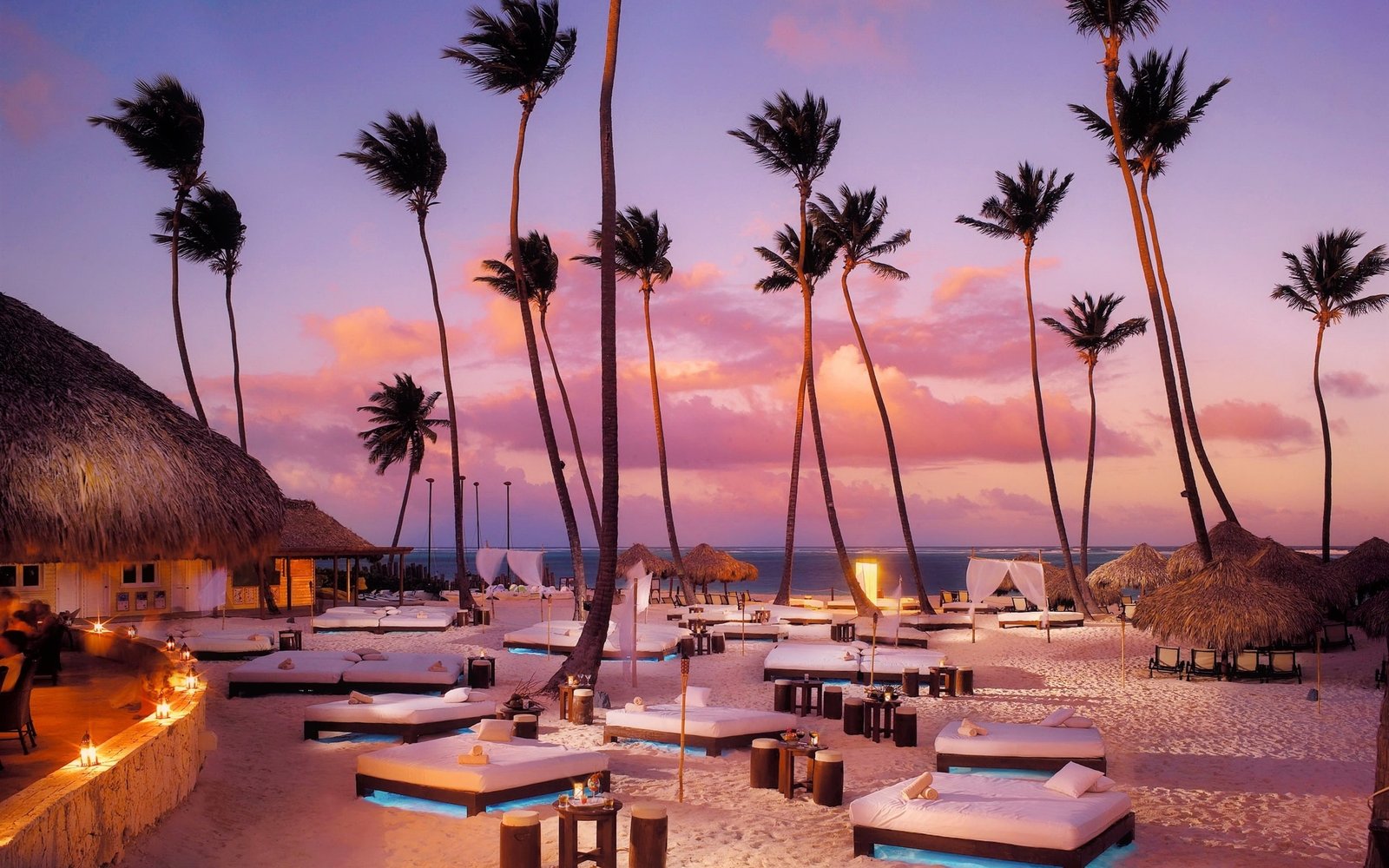 Beach sunbeds palm trees ocean night 2k