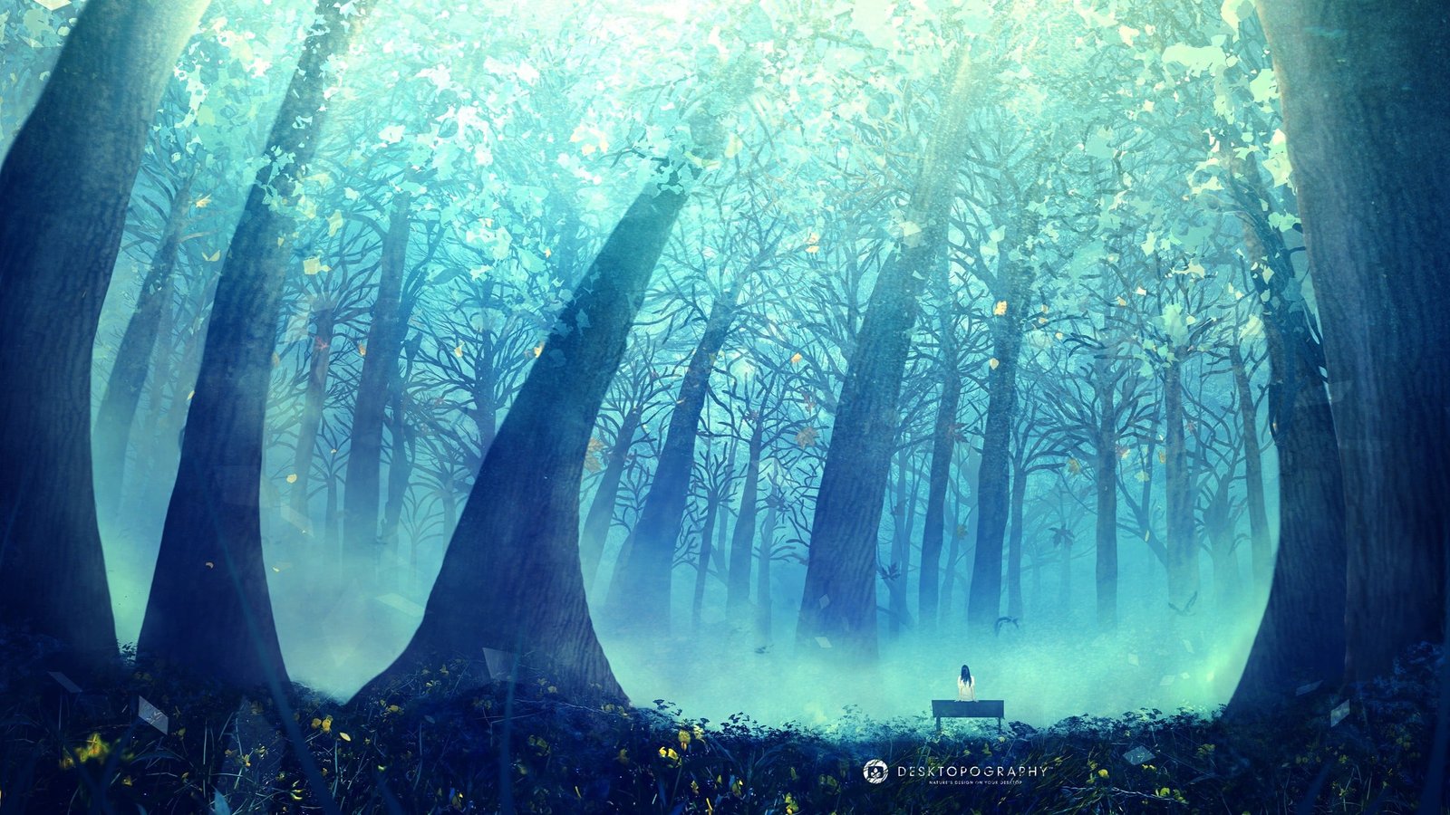 blue leaf trees digital wallpaper person sitting on bench surrounded by forest 2k