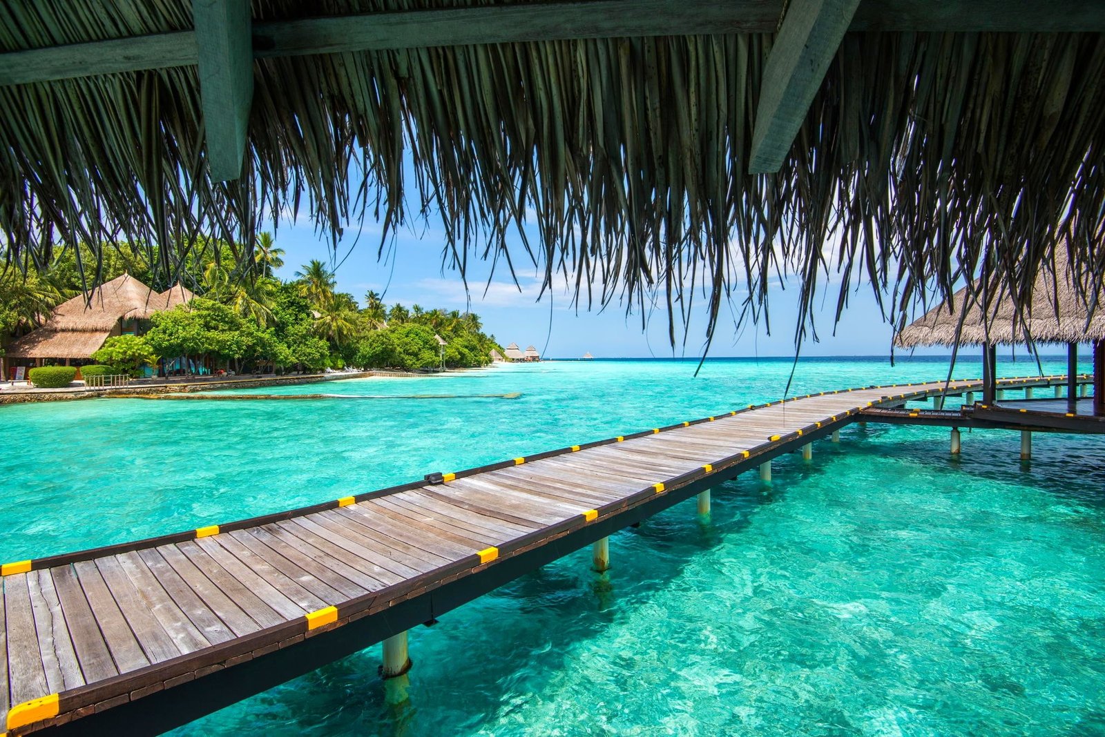 brown and yellow wooden pathway Maldives resort sea beach 2k