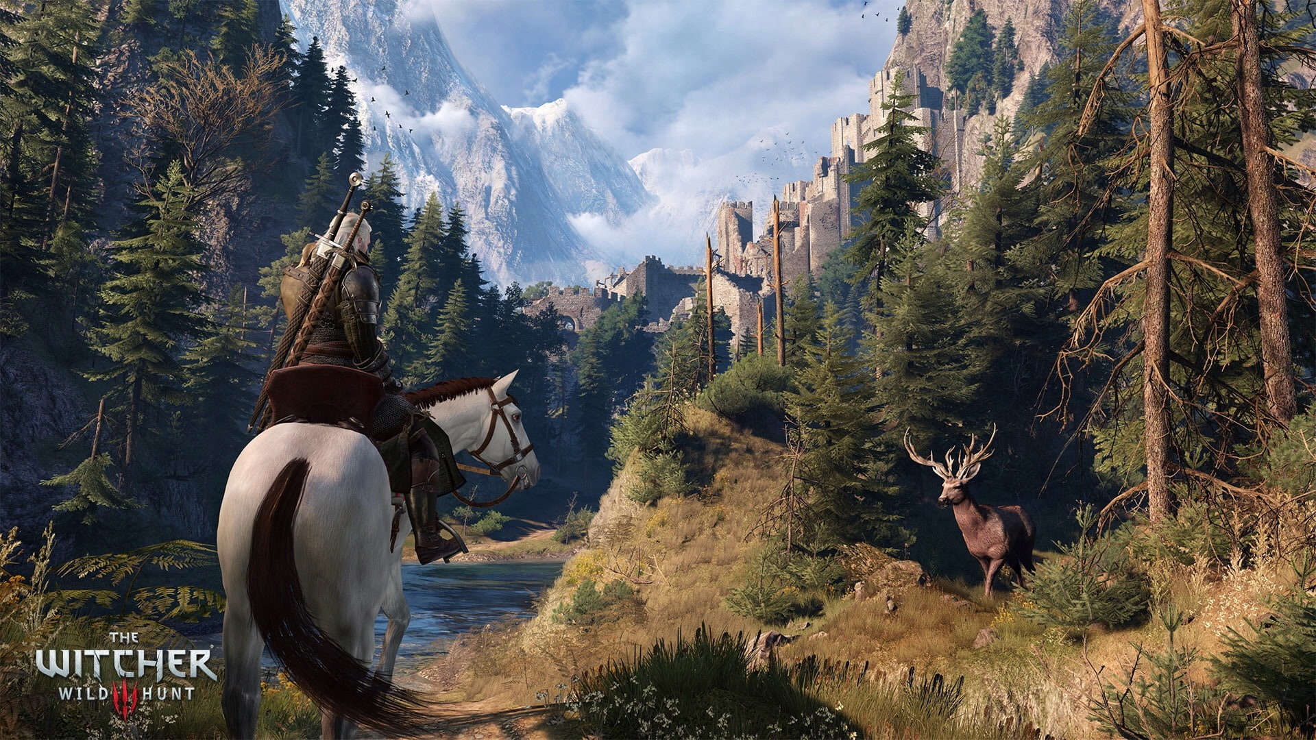 forest trees river horse deer fortress Geralt of Rivia 2k