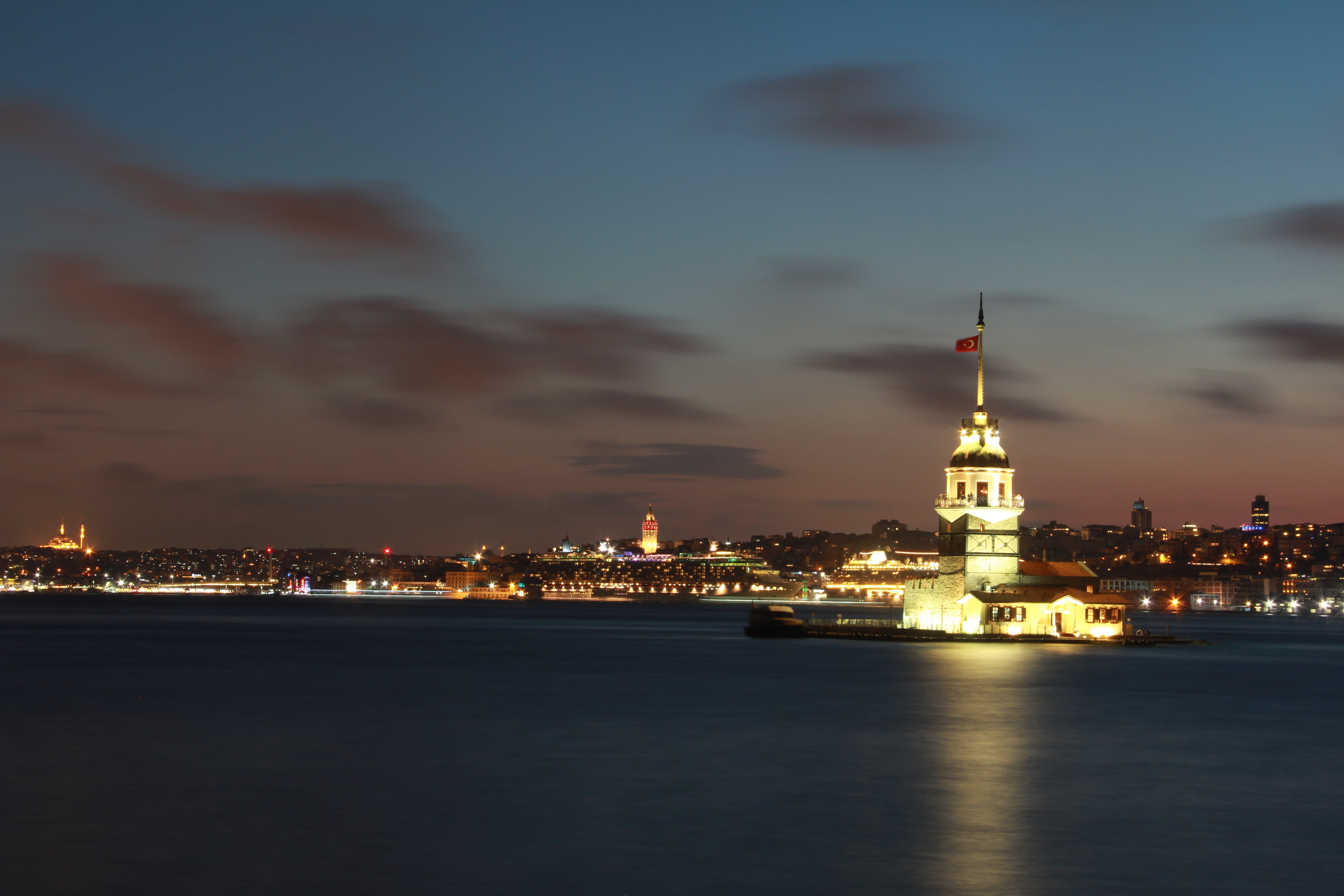 Maiden s Tower Istanbul Turkey during nighttime marine blue 2k 4k 5k
