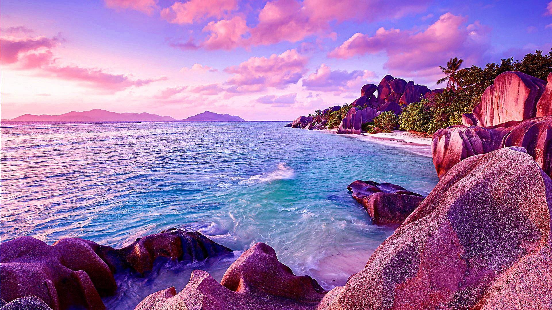 nature sky sea purple shore coast rock ocean la digue 2k