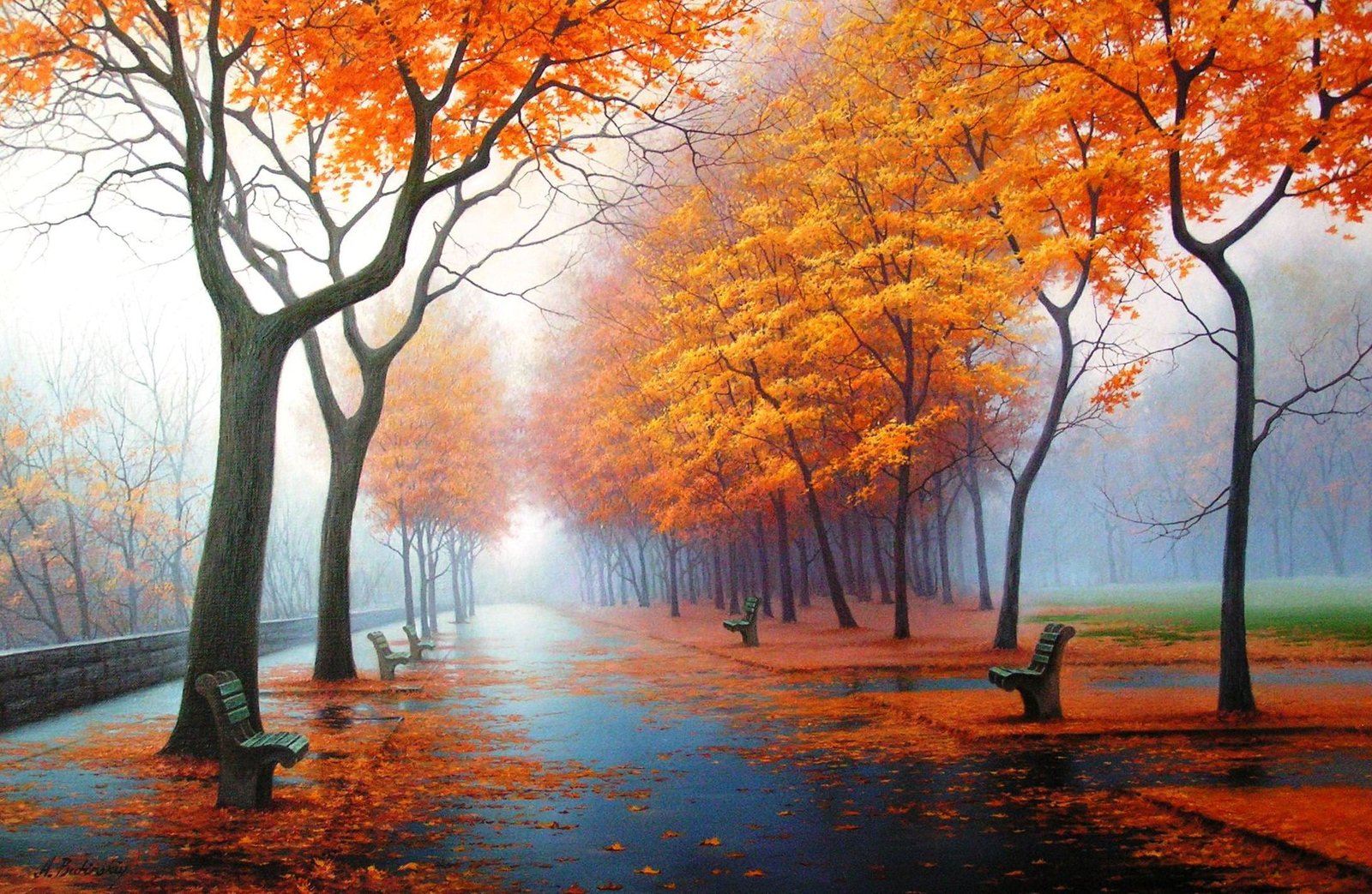 orange leafed trees painting autumn nature Park figure picture 2k