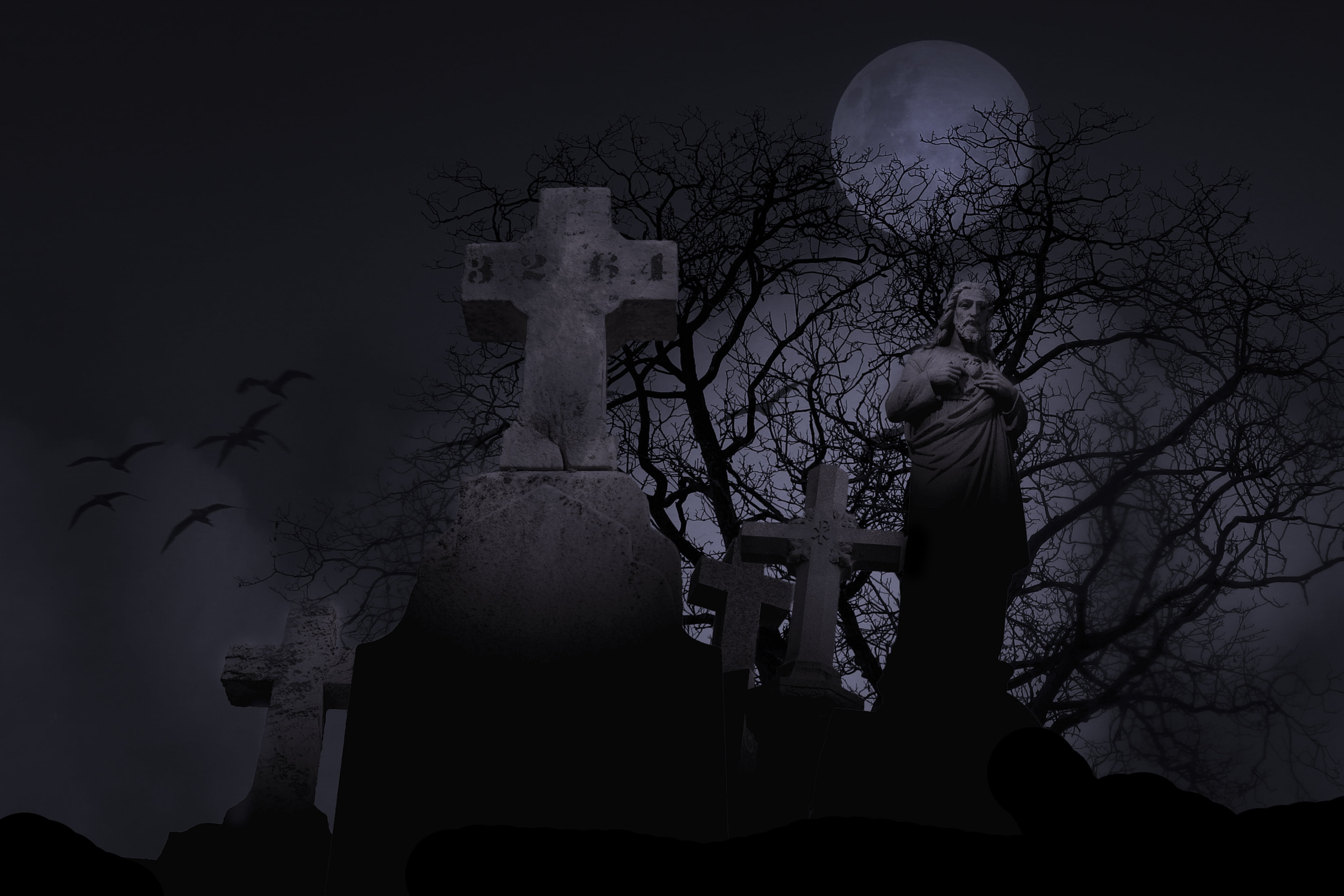 religious statue cemetery spooky graveyard symbol night 2k 4k