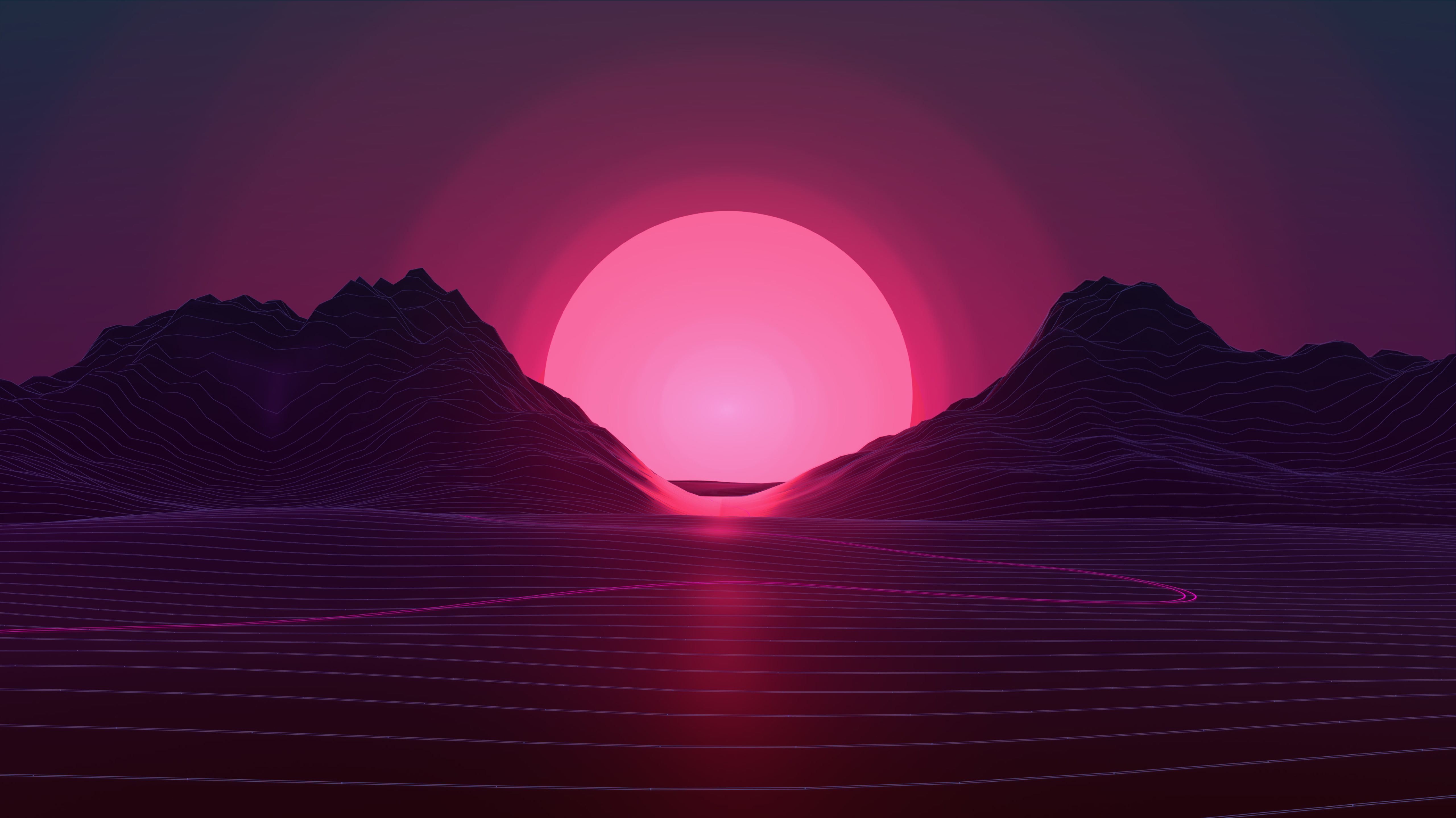 retrowave mountains purple sunrise sunset background 2k 4k 5k