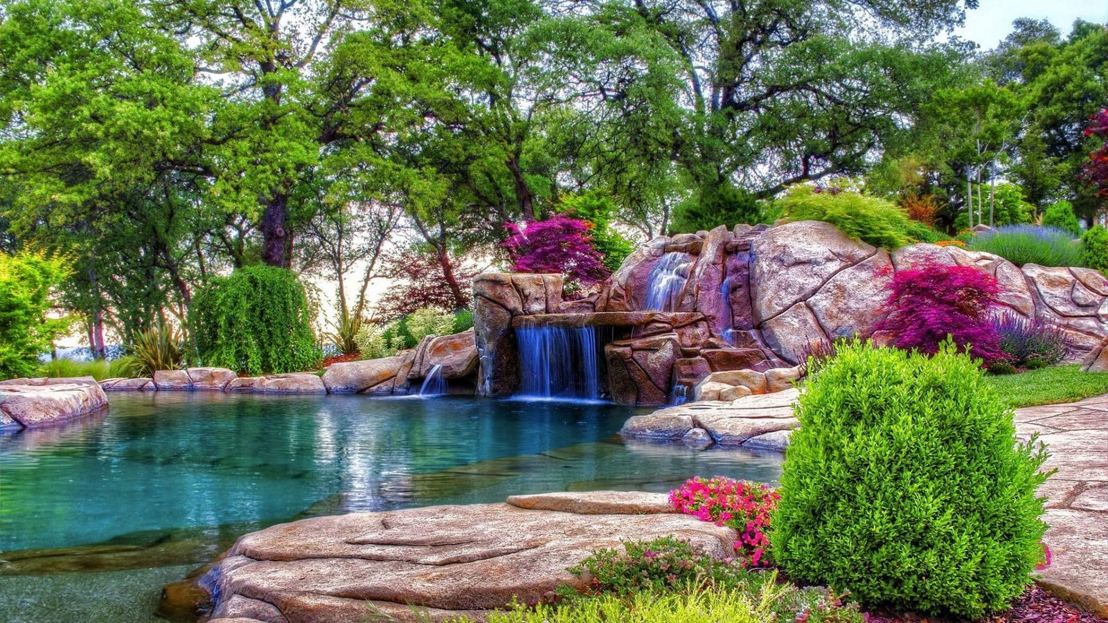 water waterfall lake garden plant trees nature 2k