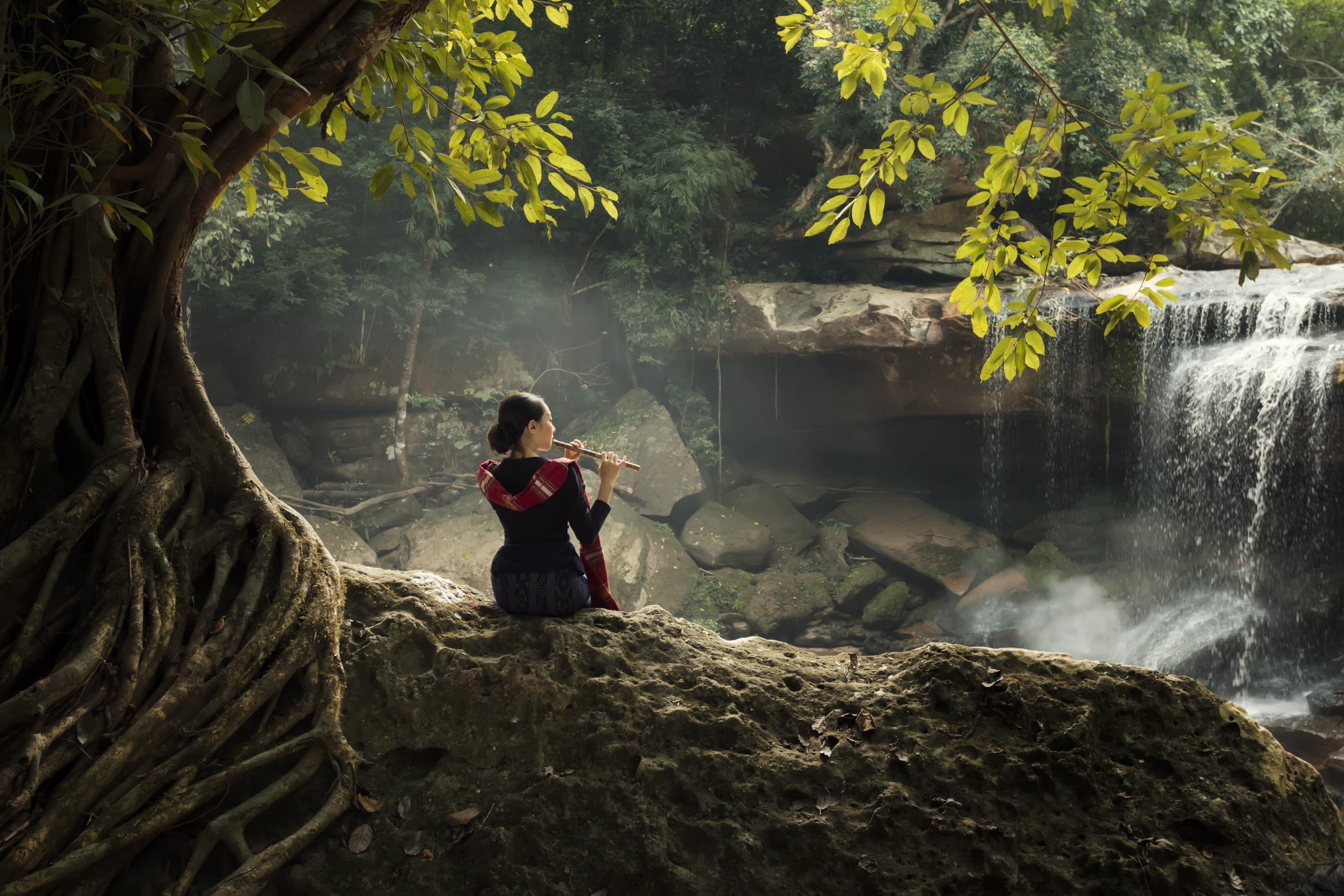 flute musical instrument nature women waterfall outdoors 2k