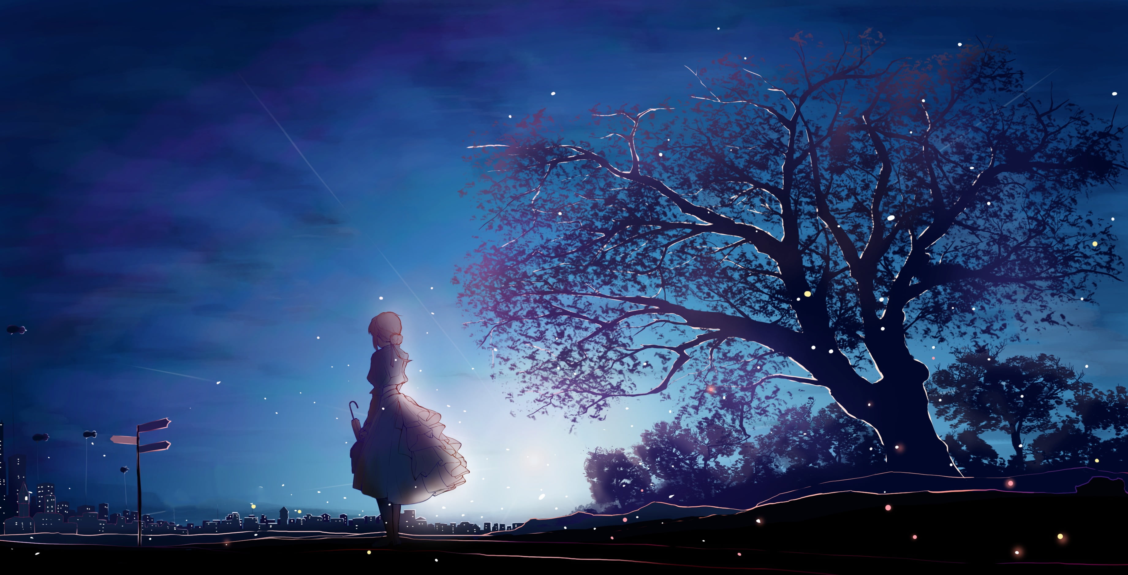 silhouette of tree anime girls Violet Evergarden short hair 2k 4k