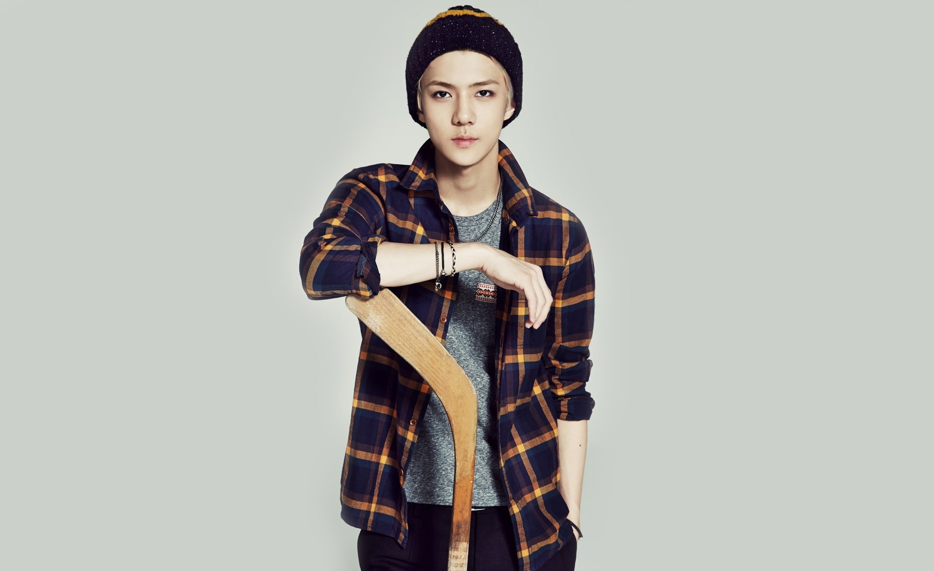 Oh Sehun Hockey Club men s orange and black plaid collared elbow sleeved shirt 2k