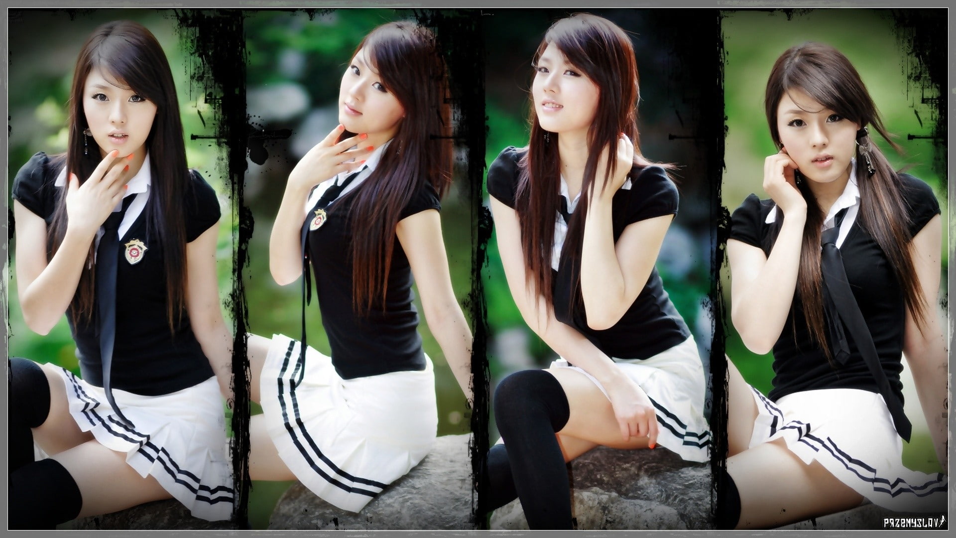 brunettes women school uniforms schoolgirls tie skirts long hair hwang mi hee asians korean sitting People Long HD Art 2k