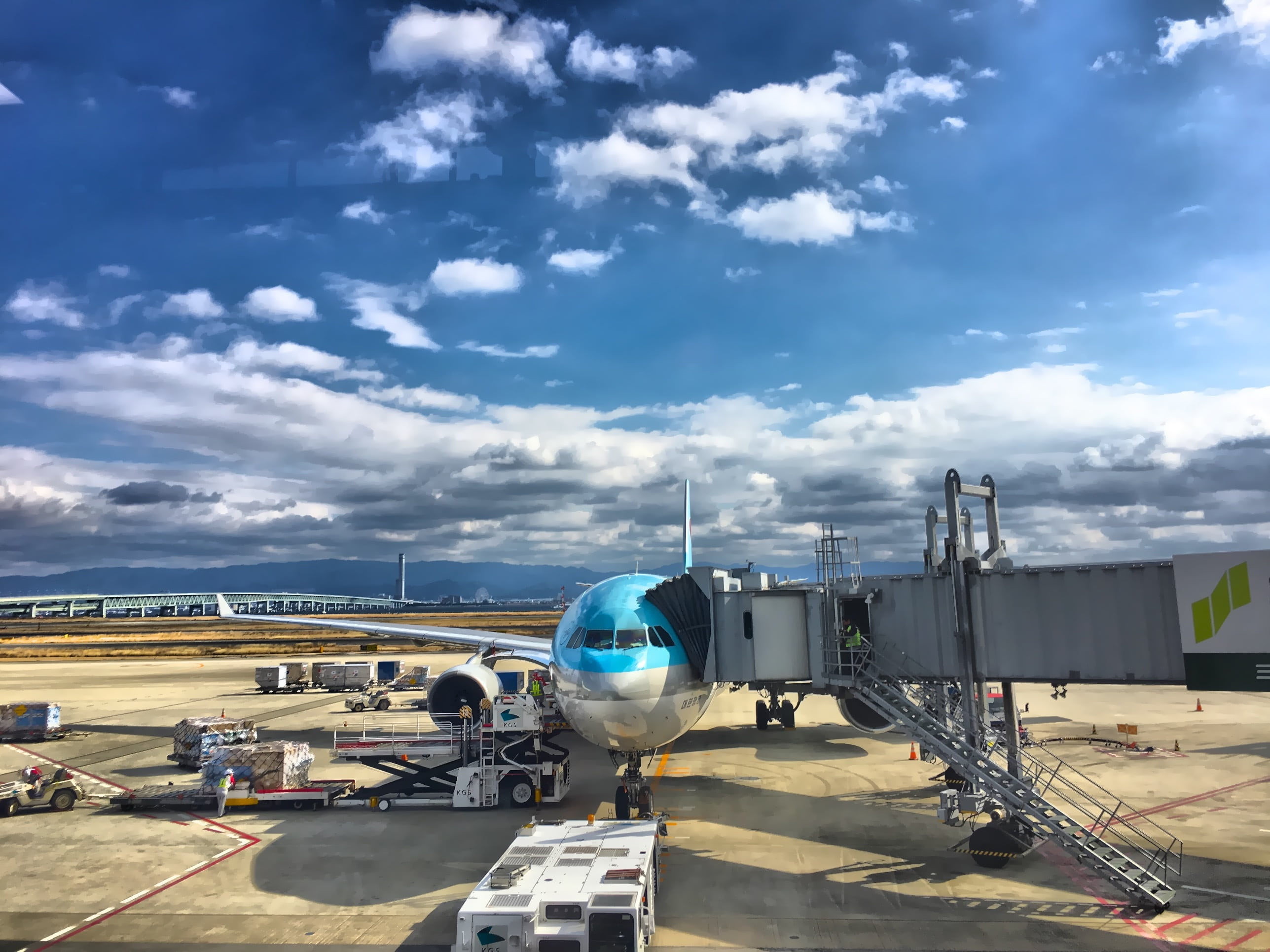 blue and white commercial plane airport korean air cloud transportation 2k