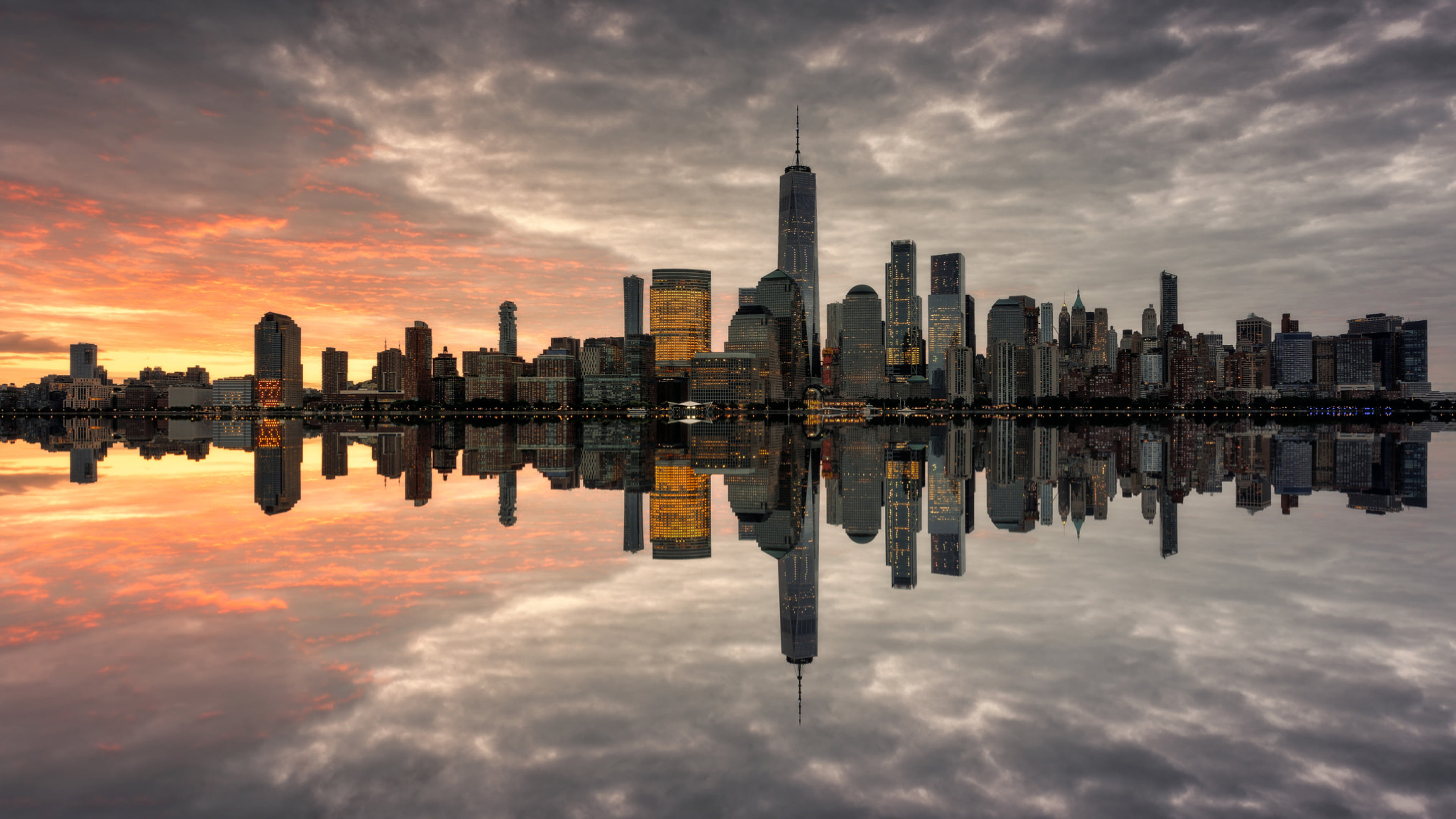 Manhattan Skyline The Most Populated New York City Sunnset Reflection In Water Miror Ultra Hd Wallpaper For Desktop Mobile Phones And Laptops 2k 4k