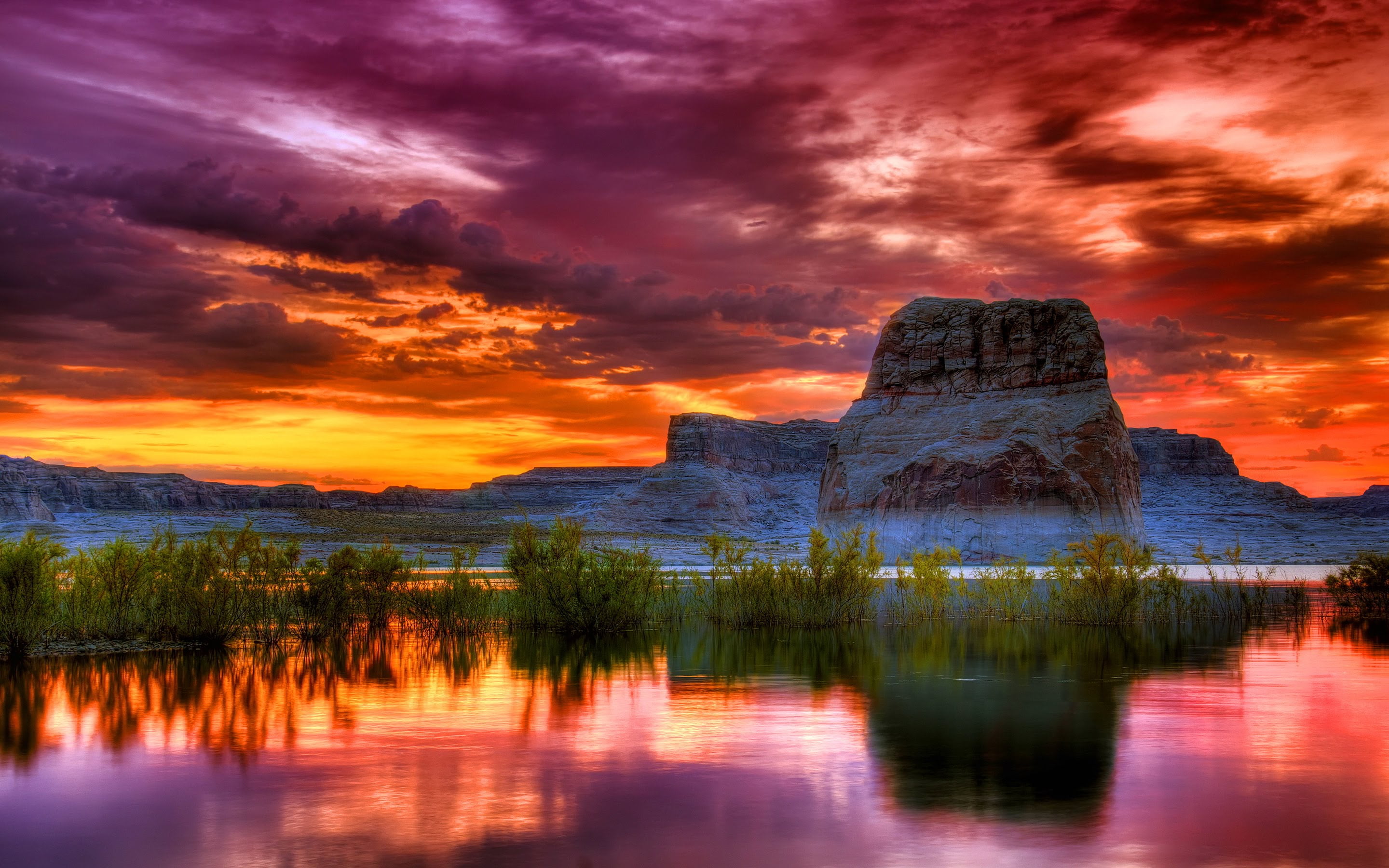Arizona Sunset Scenery Lake Rocky Mountains Orange Clouds Reflection In Water Wallpaper High Resolution 2k
