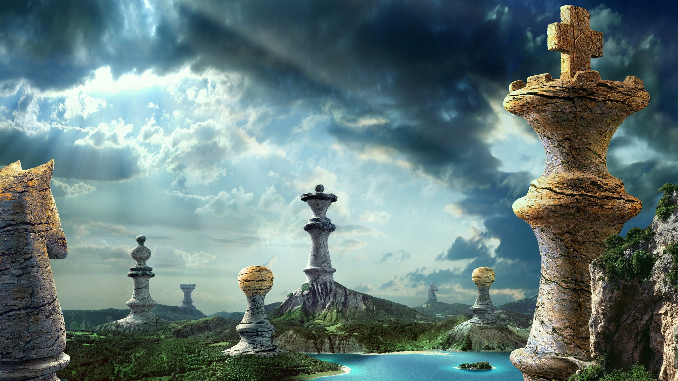chess piece building artwork digital art fantasy clouds 2k