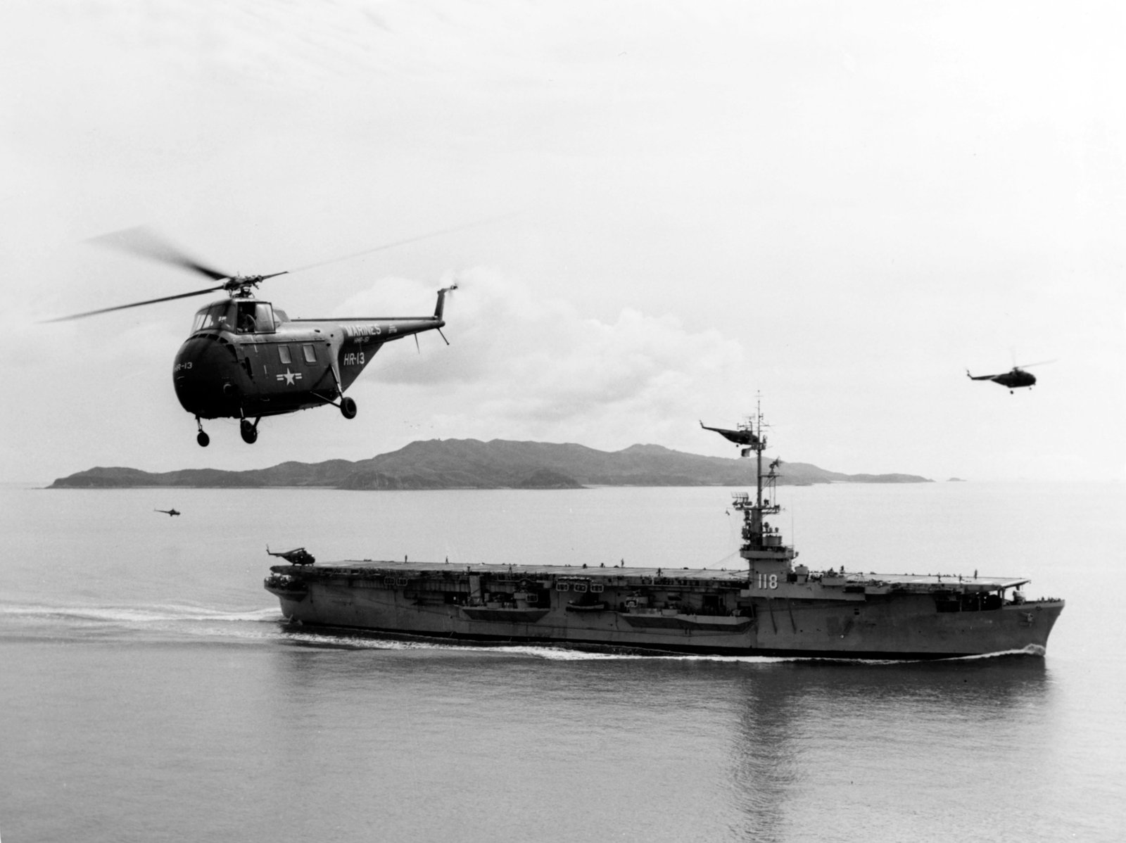 US Navy Sikorsky flying near USS Sicily during Korean War 2k 4k 5k