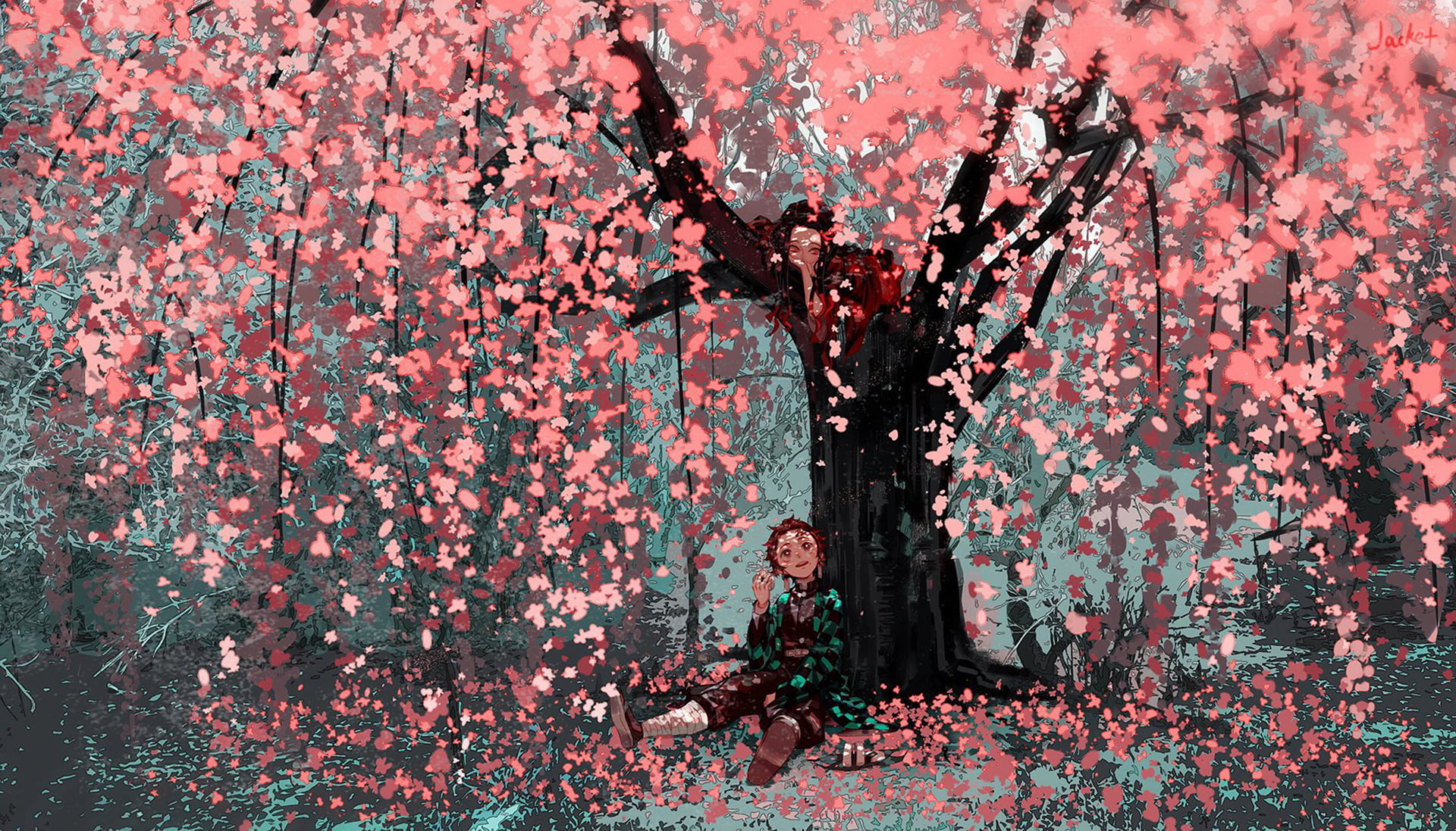 anime Kimetsu no Yaiba artwork sakura tree Tanjiro Kamado 2k