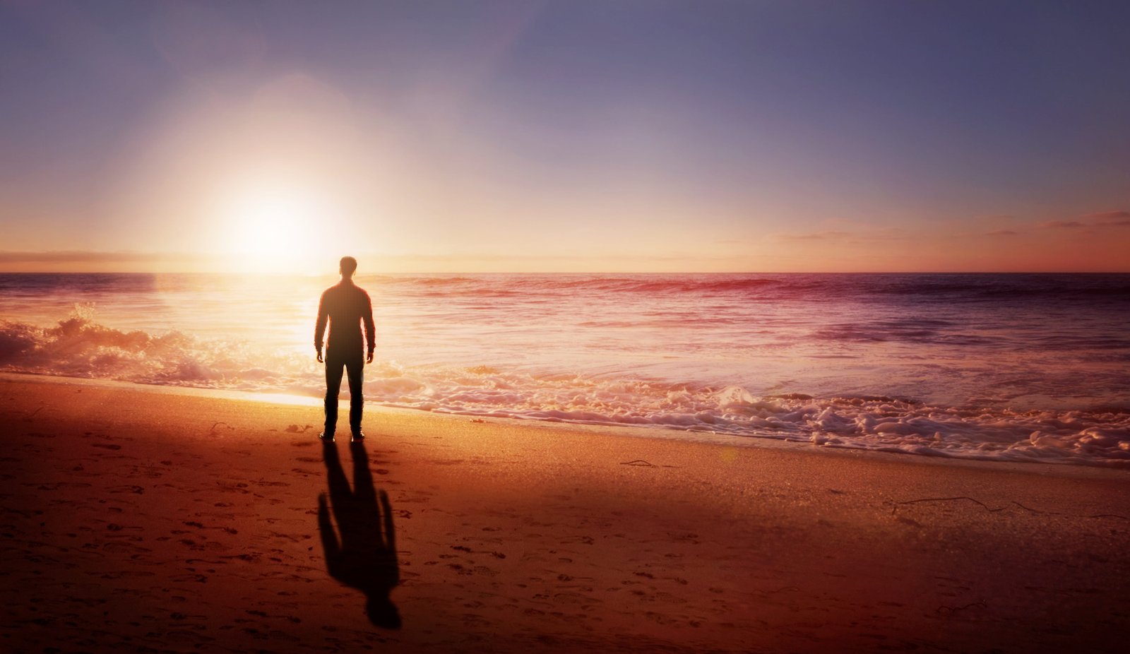 sunset sea man sand beach footprints lighting lonely 2k 4k 5k