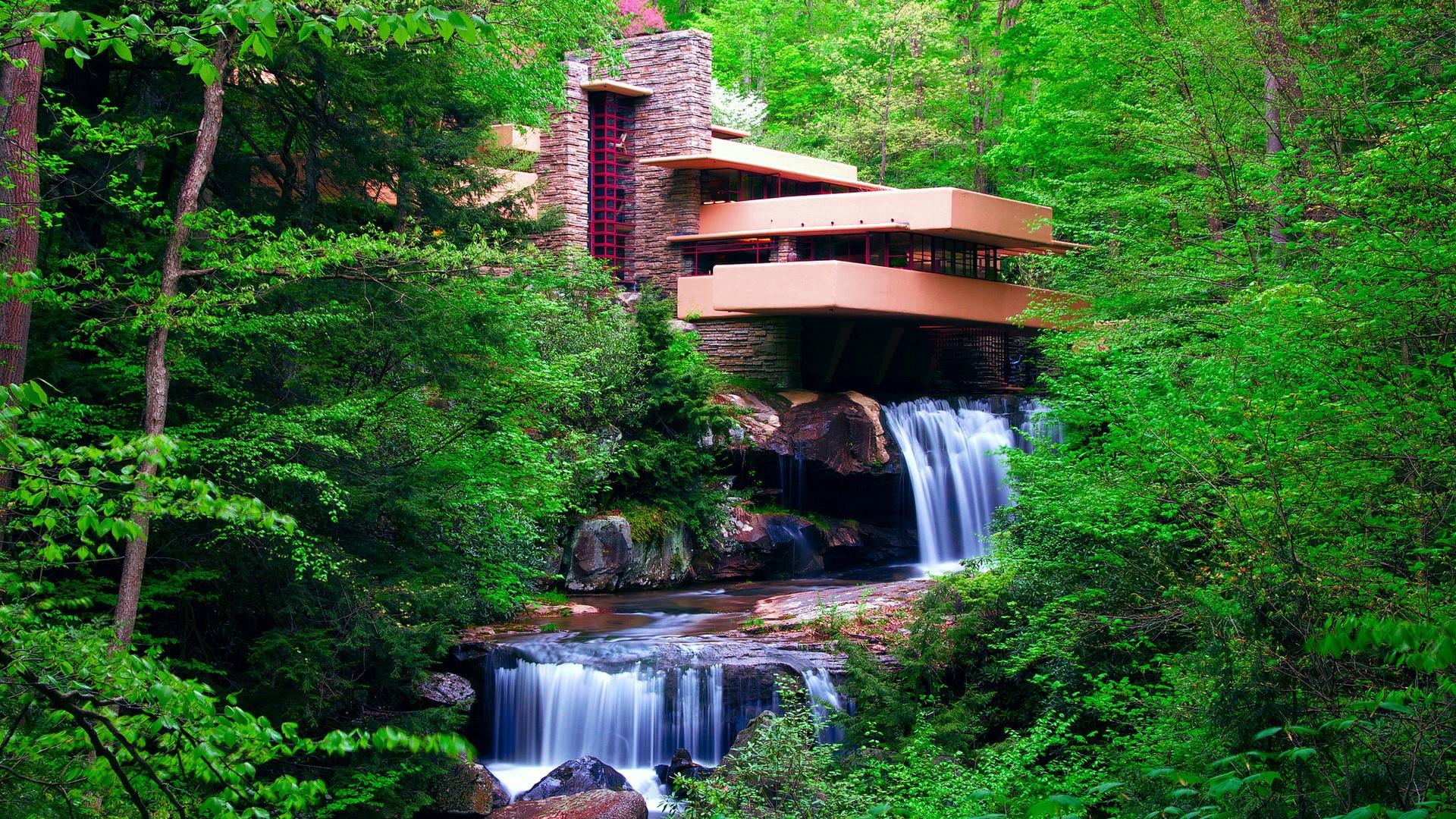 water nature green body of watercourse waterfall 2k