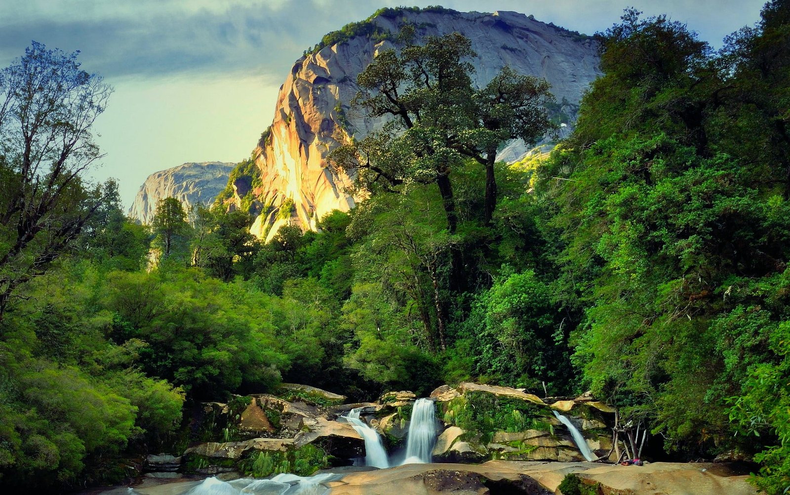 green trees sunset waterfall mountains Chile nature landscape 2k
