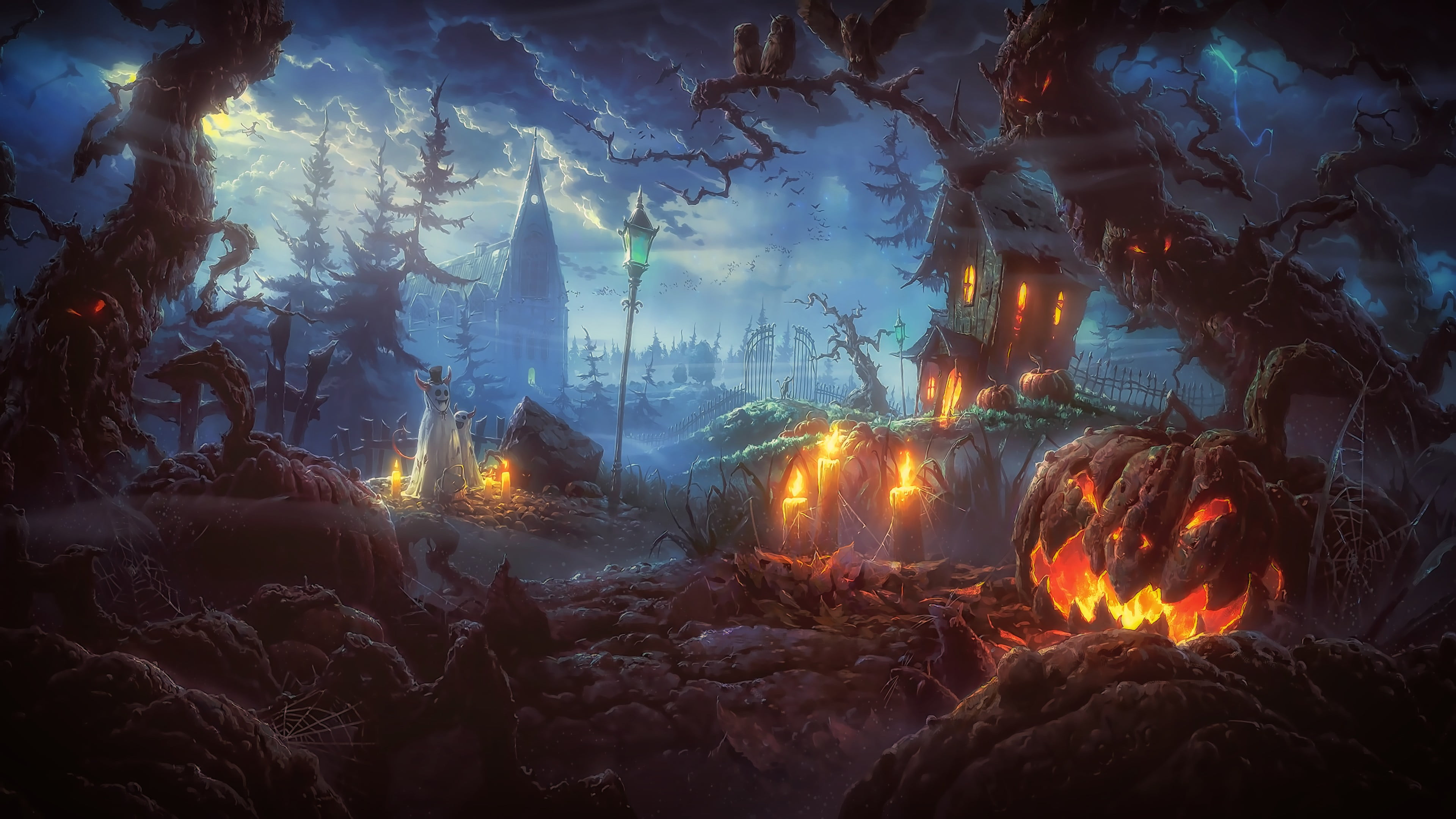 castle trees and pumpkin digital wallpaper Halloween Terror 2k 4k