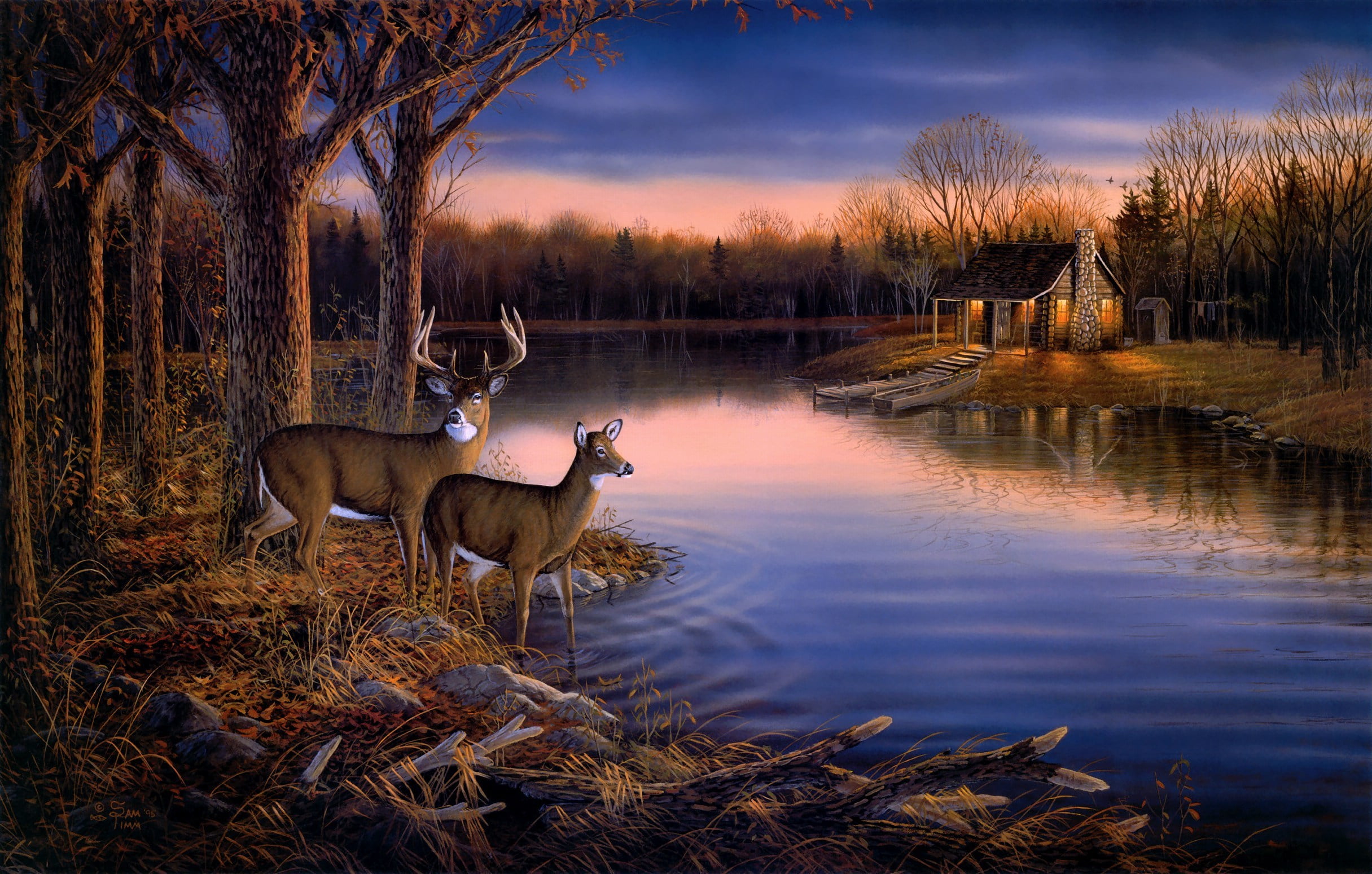 deer and stag painting autumn forest animals water trees 2k