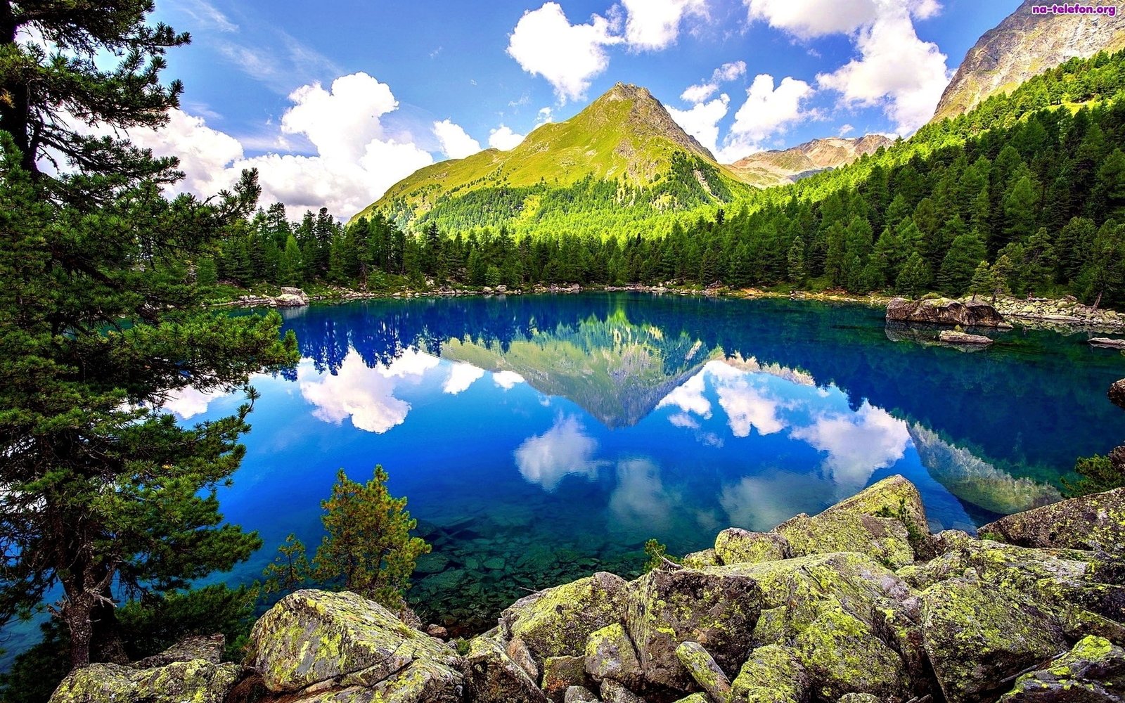 Lake forest mountains rocks trees sky clouds nature scenery 2k