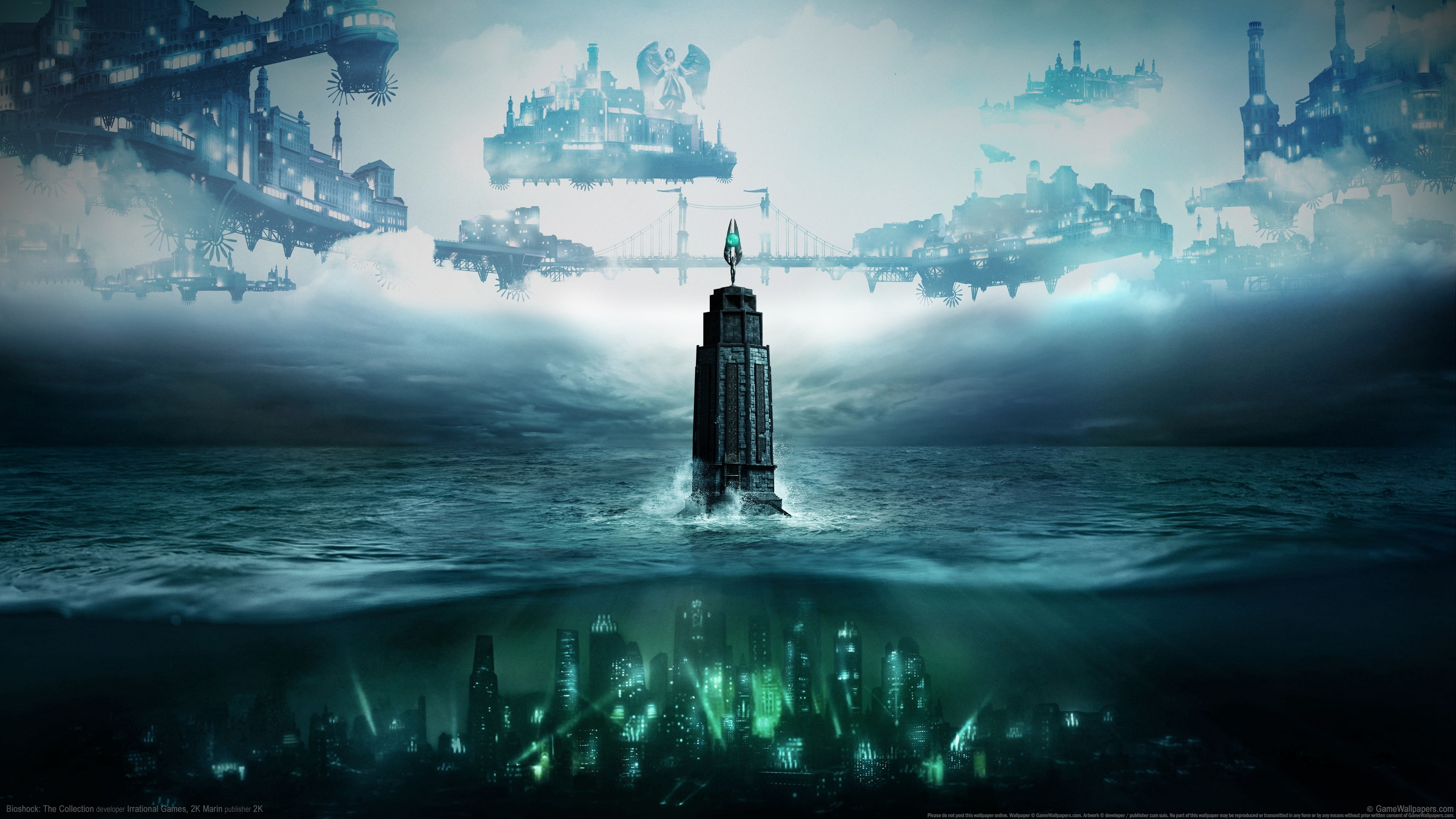 underwater city and aircrafts digital wallpaper BioShock tower 2k 4k