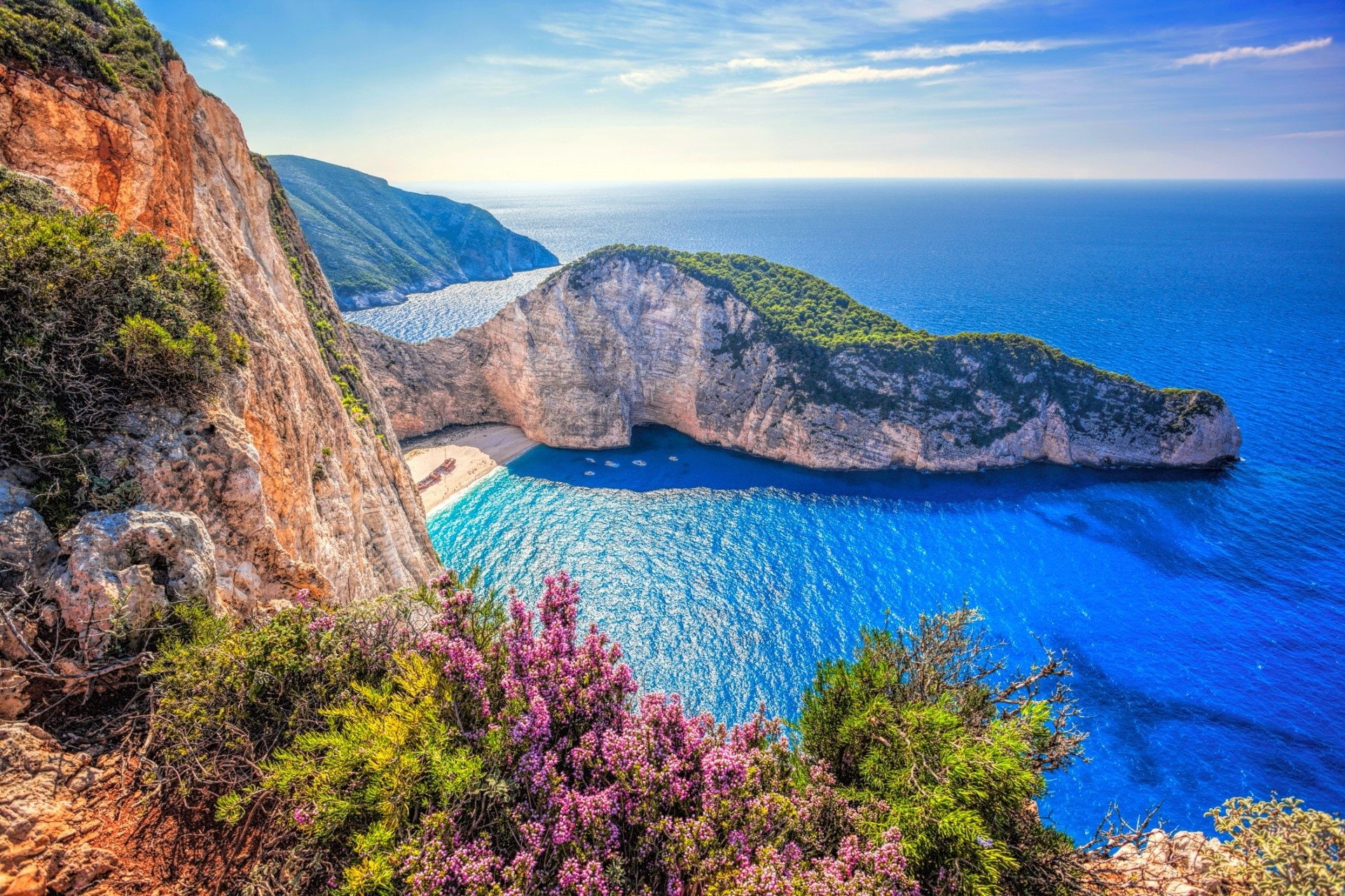 Earth Ocean Beach Cliff Flower Greece Horizon Navagio 2k