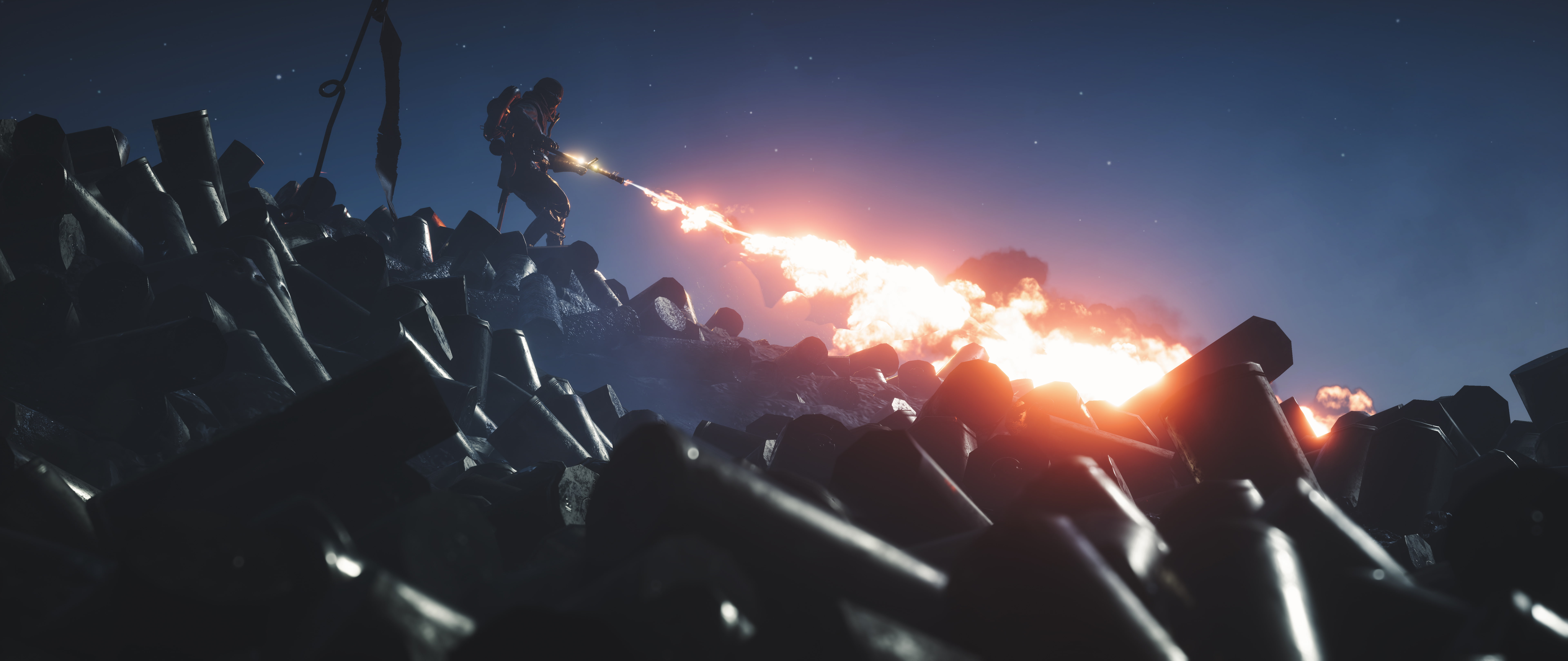 Flame Trooper Flamethrower Battlefield 1 night group of people 2k 4k 5k 8k