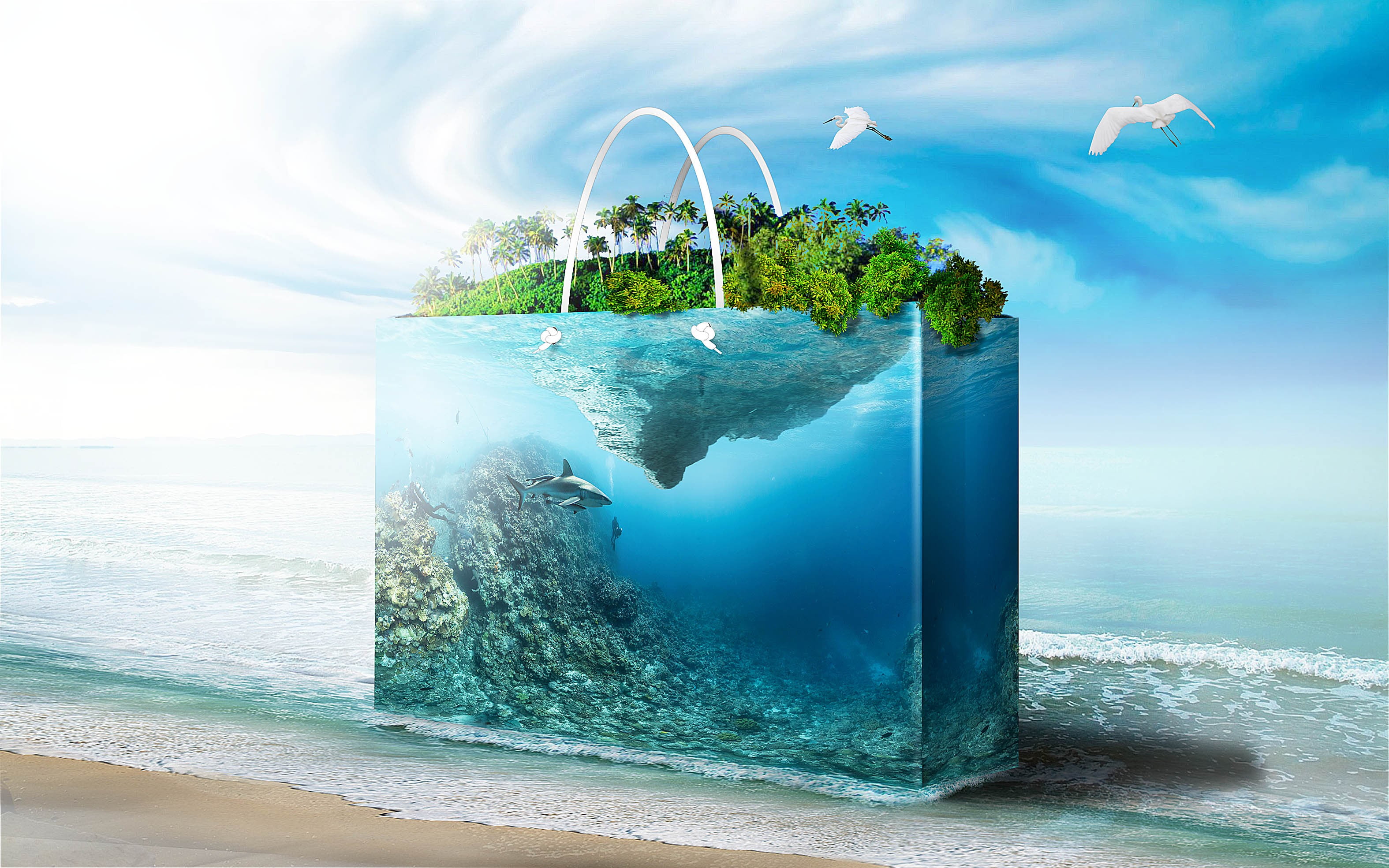 blue and green economy bag illustration aquarium water sea 2k